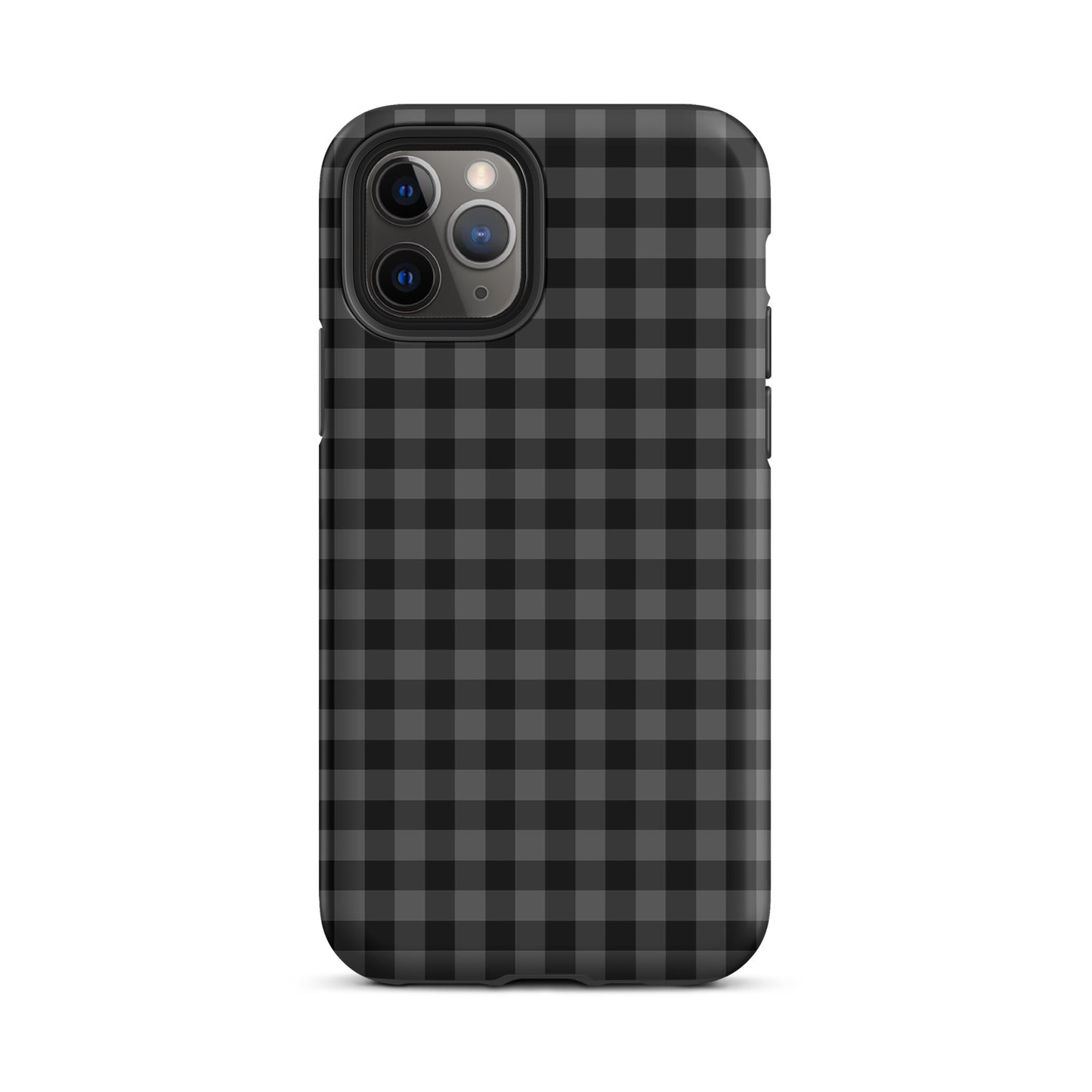 Phone Case with black and charcoal gingham pattern for iPhone, offering modern style and protection.