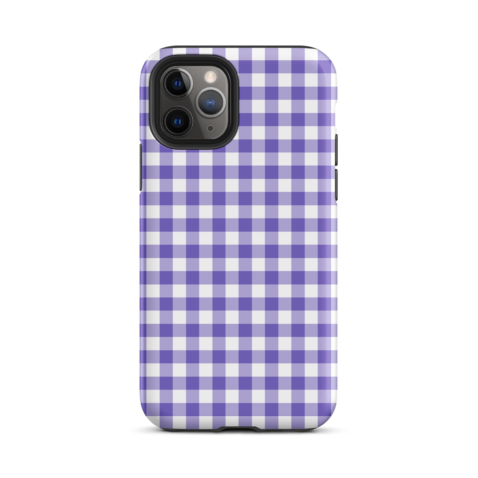 Phone Case with purple-and-white gingham pattern for iPhone, featuring chic style and durable protection.