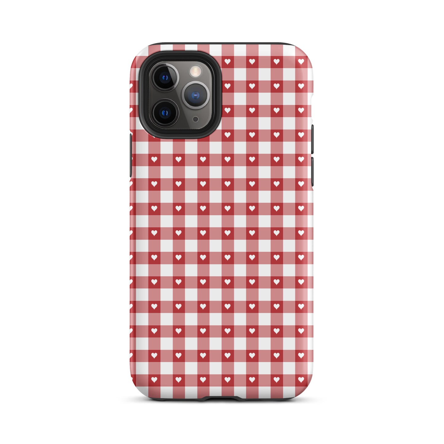 Phone Case with red-and-white gingham pattern and white hearts for iPhone, offering chic style and durable protection.