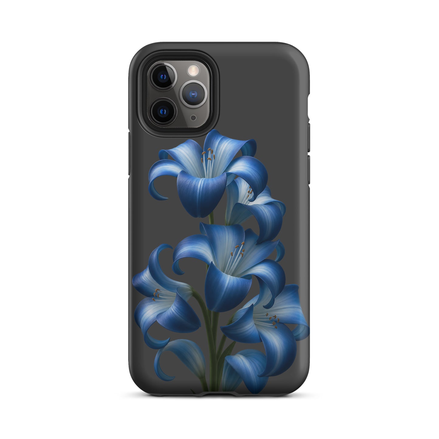 Phone Case for iPhone featuring blue lily bloom art, sleek dark backdrop, tough dual-layer build for protection and style.