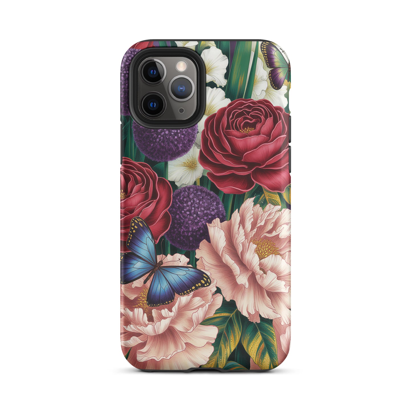 Phone Case for iPhone with crimson roses, blush peonies, purple alliums, and blue butterflies in a botanical garden design.
