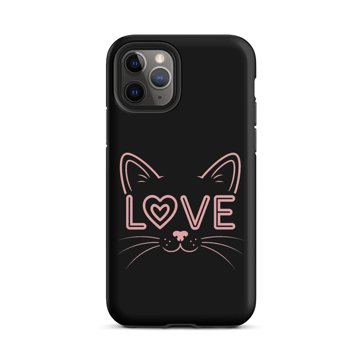 Cat Love phone case for iPhone featuring minimalist cat face design with 'love' text in pink, showcasing feline affection and style.