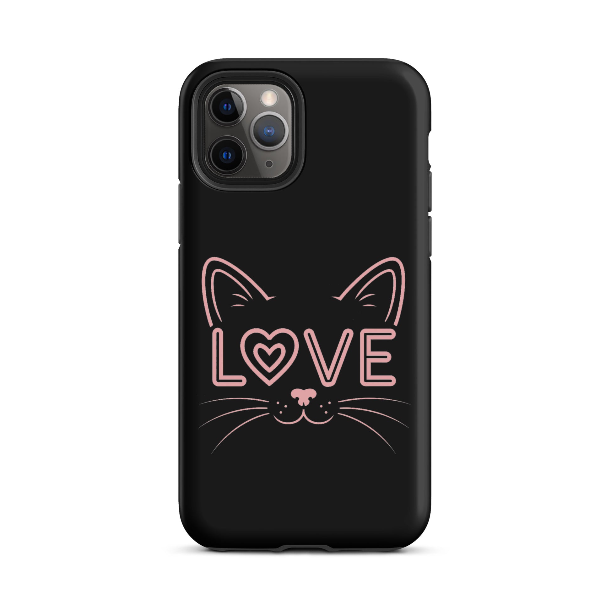 Cat Love phone case for iPhone featuring minimalist cat face design with 'love' text in pink, showcasing feline affection and style.