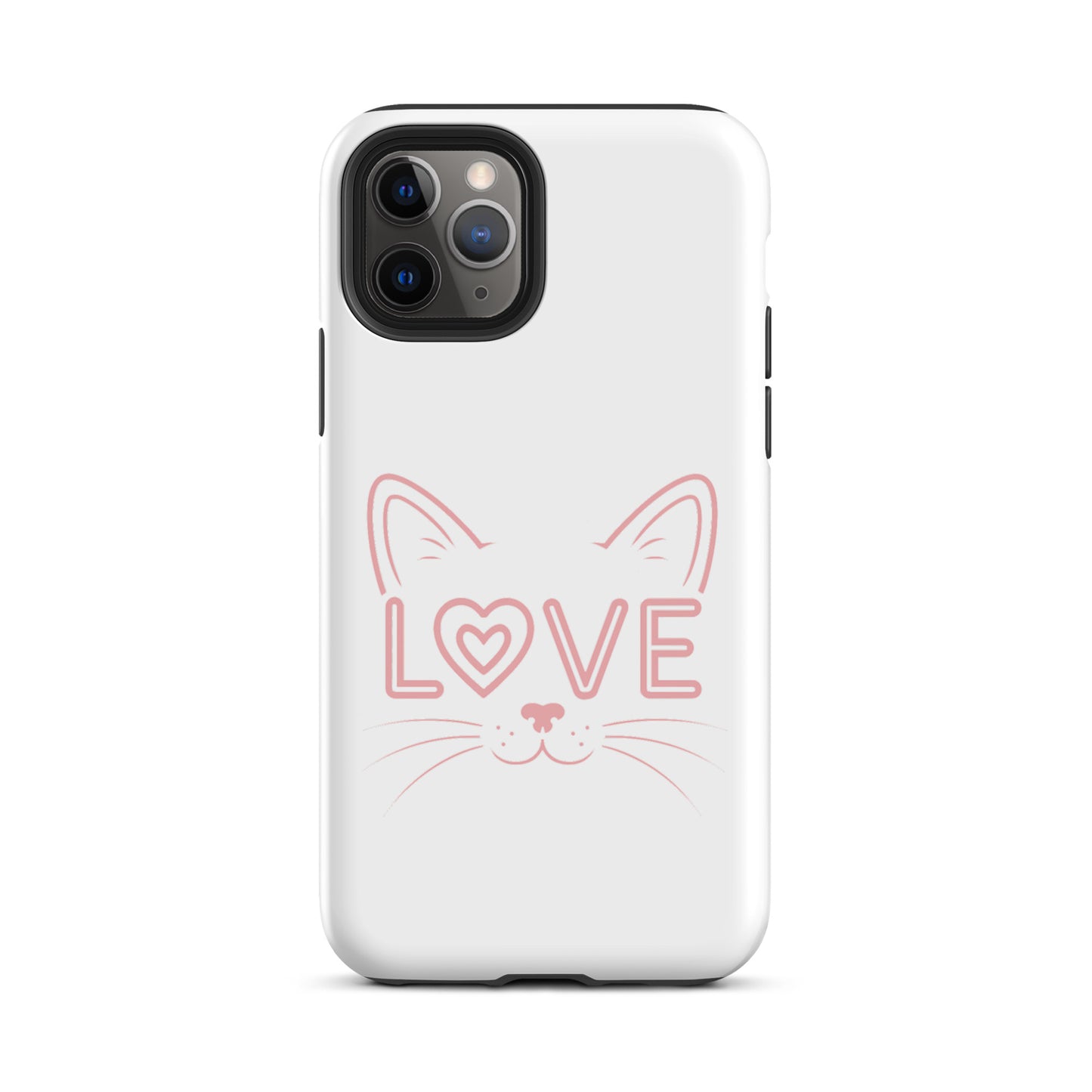 Cat Love phone case for iPhone with minimalist cat face design and 'love' text, perfect for feline enthusiasts.