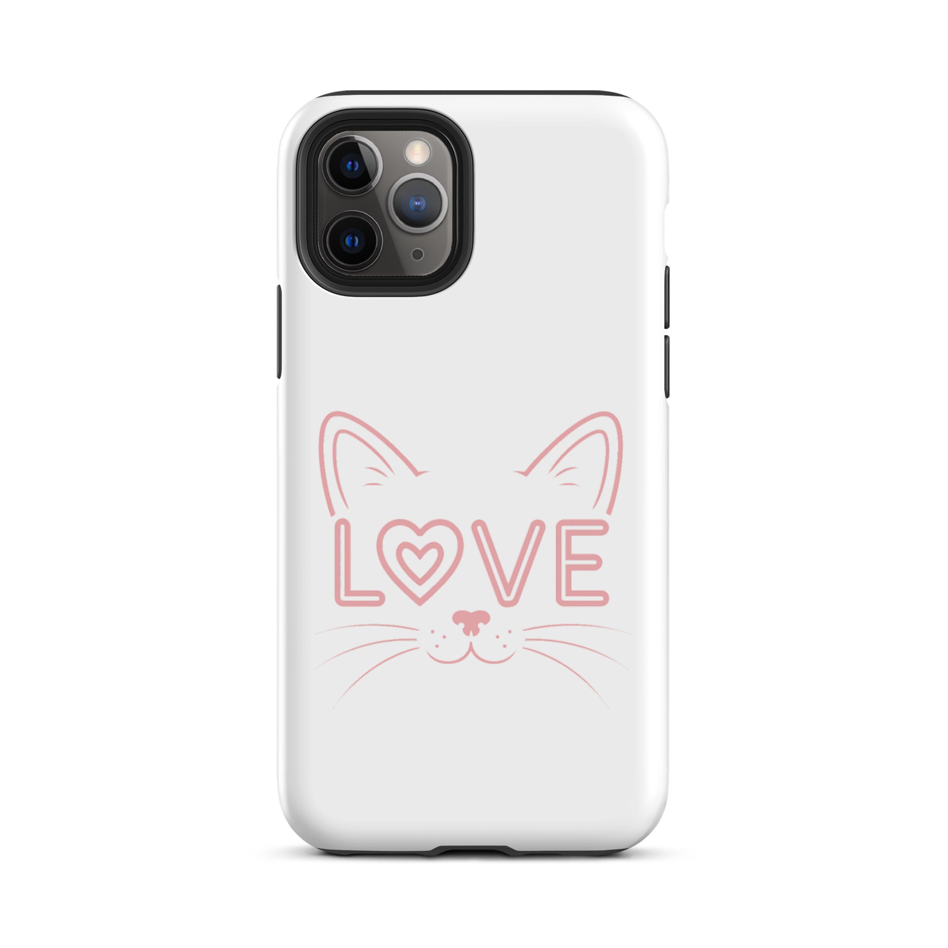 Cat Love phone case for iPhone with minimalist cat face design and 'love' text, perfect for feline enthusiasts.