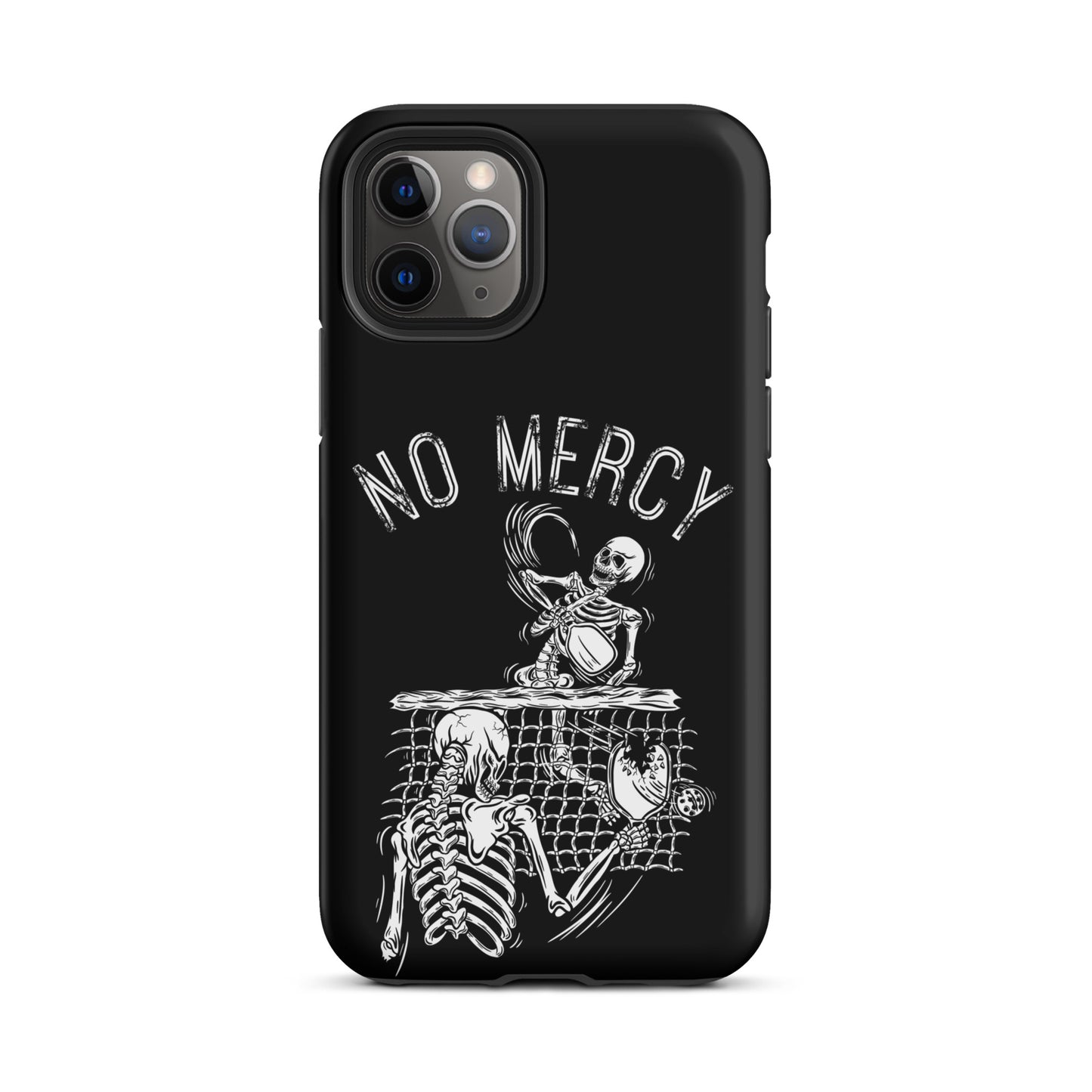 Pickleball iPhone case with "No Mercy" design featuring skeletons playing on a court, ideal for aggressive players seeking strong phone protection.