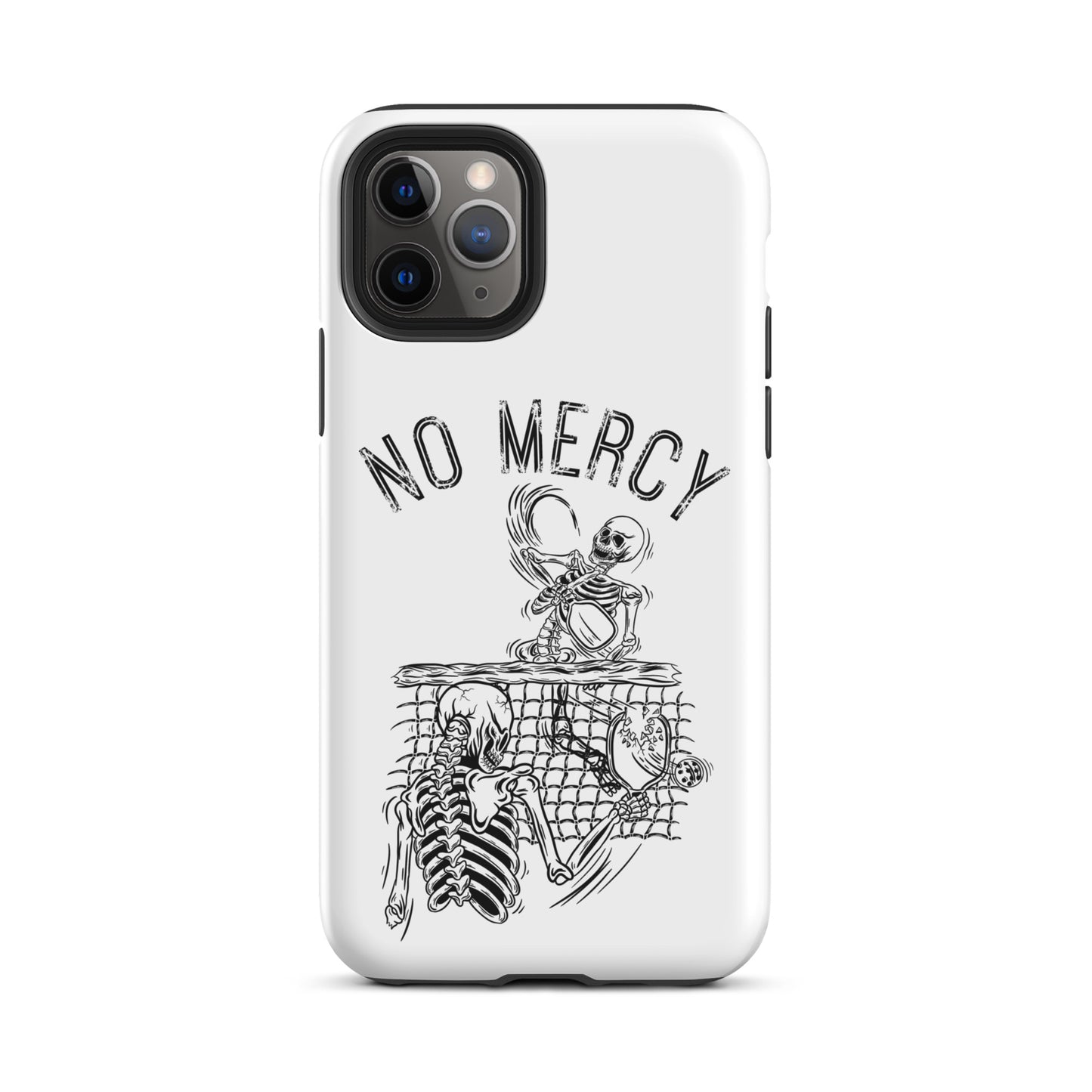 Pickleball iPhone case with "No Mercy" design, features skeleton graphic for aggressive players seeking strong phone protection.