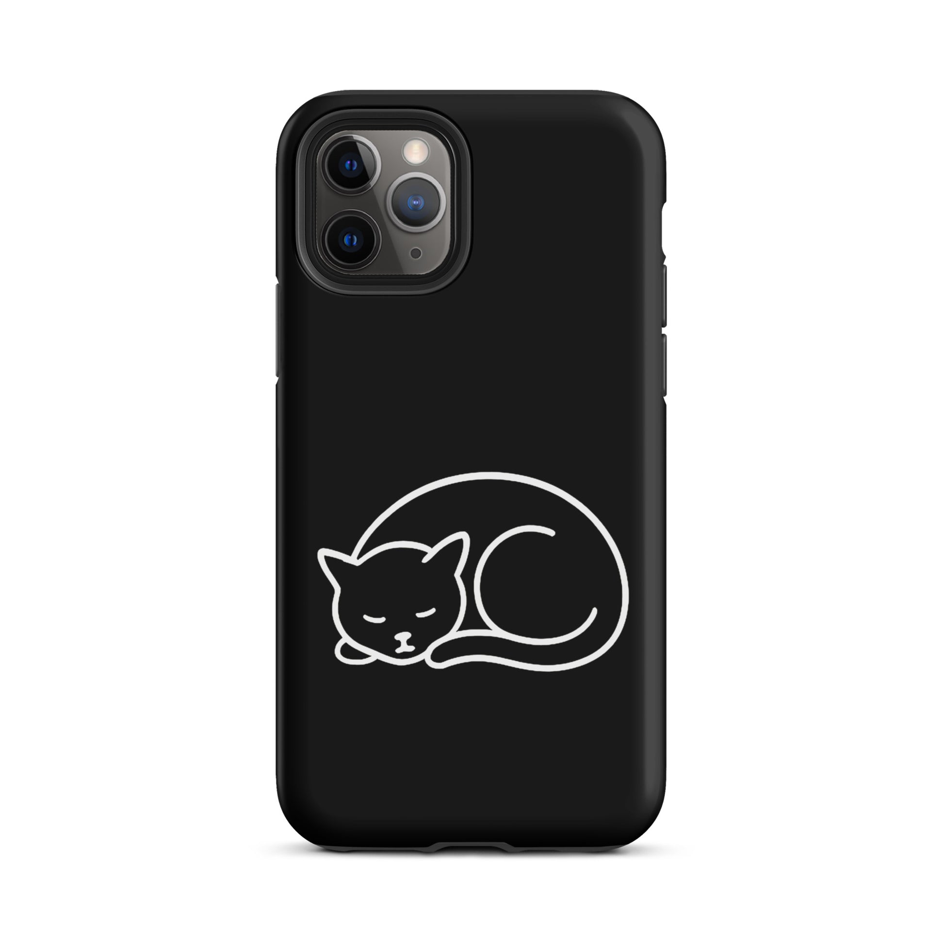Phone case for iPhone with minimalist curled-up cat design, offering dual-layer protection and feline elegance.