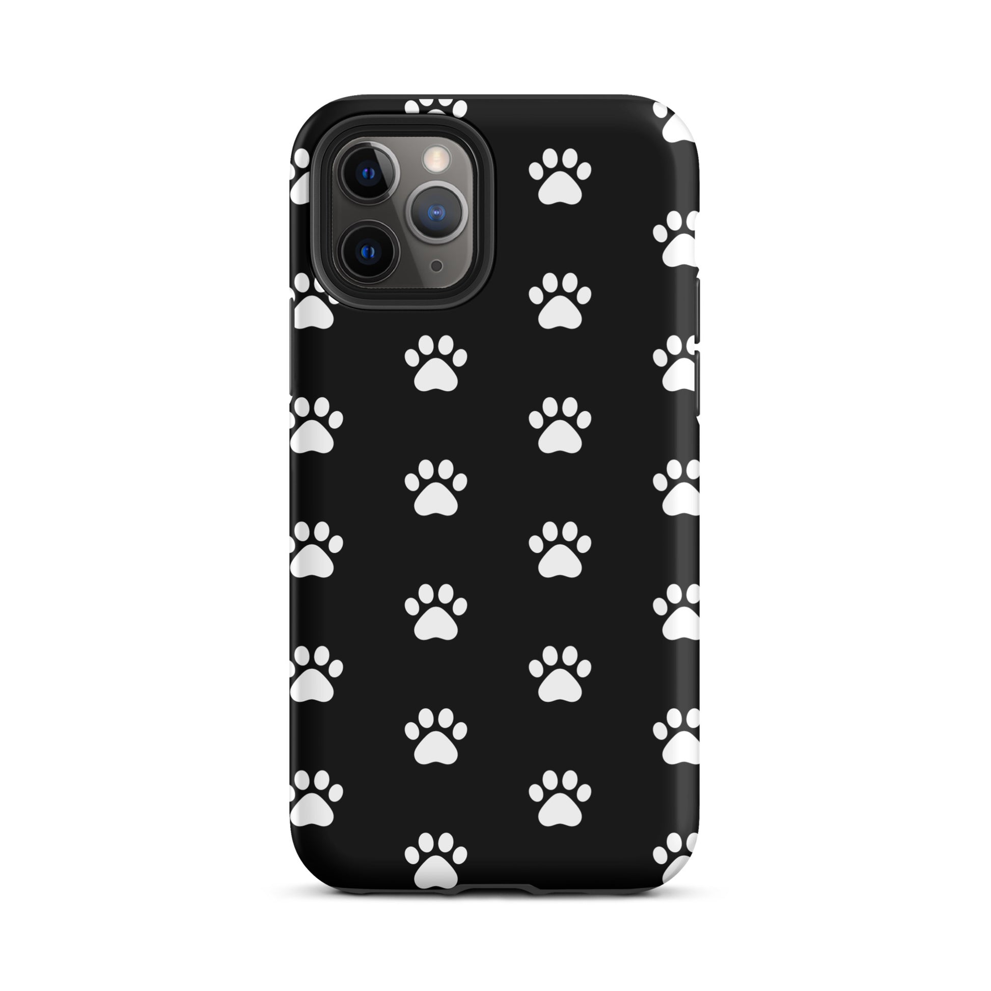 Phone Case with stylish paw print design for pet lovers, featuring minimalist white paw icons on black background, perfect for cats and dogs.