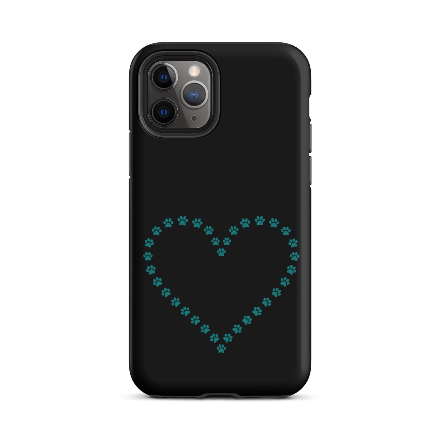 Phone Case for iPhone with cute paw print heart design for pet lovers, featuring turquoise paw prints forming a heart on black background.