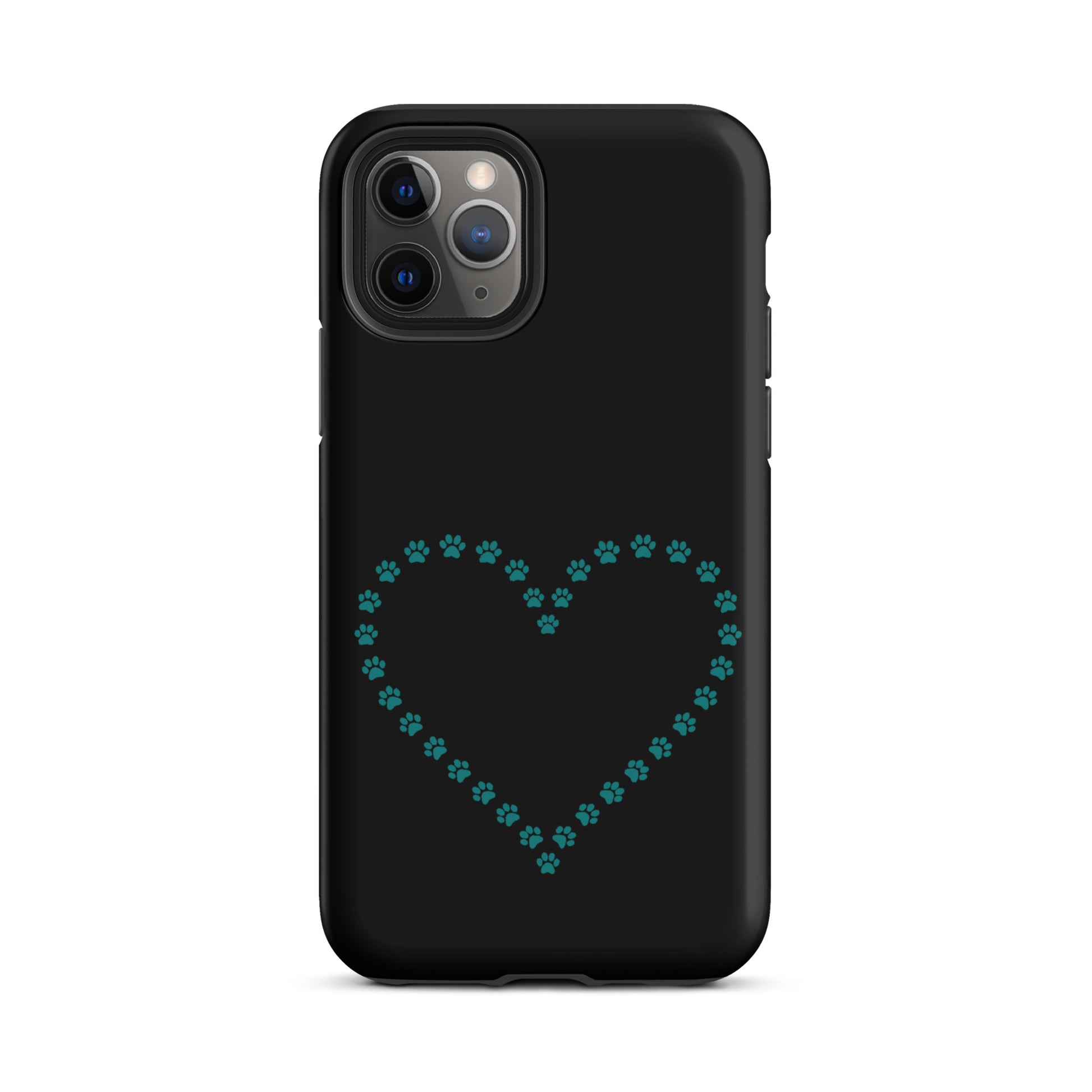 Phone Case for iPhone with cute paw print heart design for pet lovers, featuring turquoise paw prints forming a heart on black background.