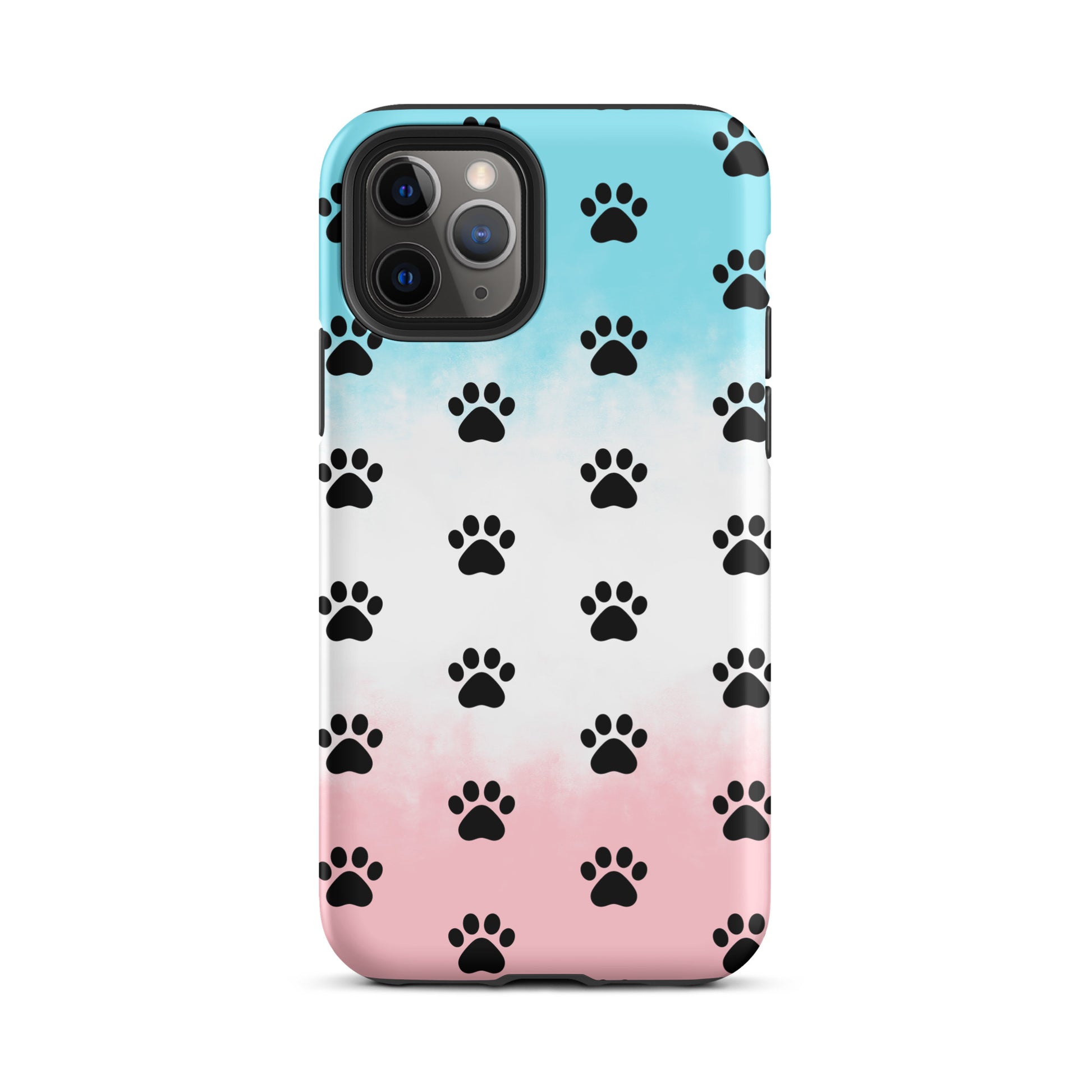 Phone Case for iPhone with paw print pattern in black on a blue and pink gradient background, transparent finish for dog and cat lovers.