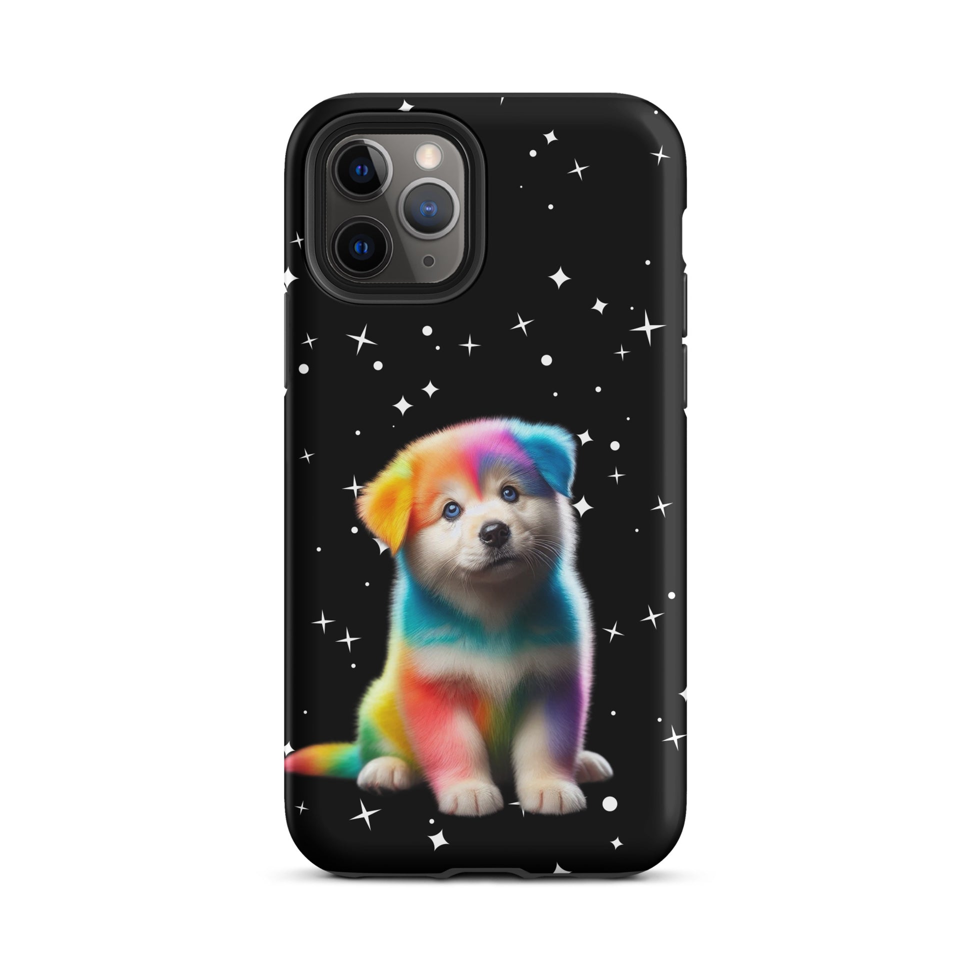 Phone Case with rainbow puppy design against starry night for iPhone, showcasing bold colors and playful fantasy art.