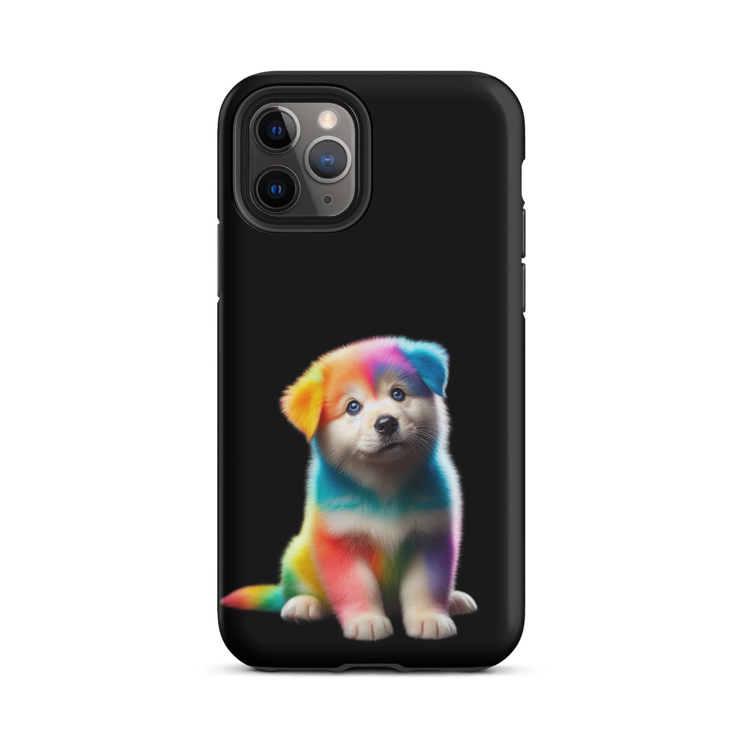 Phone Case with rainbow puppy design on a dark night sky, cute pet illustration for iPhone with colorful fantasy art.