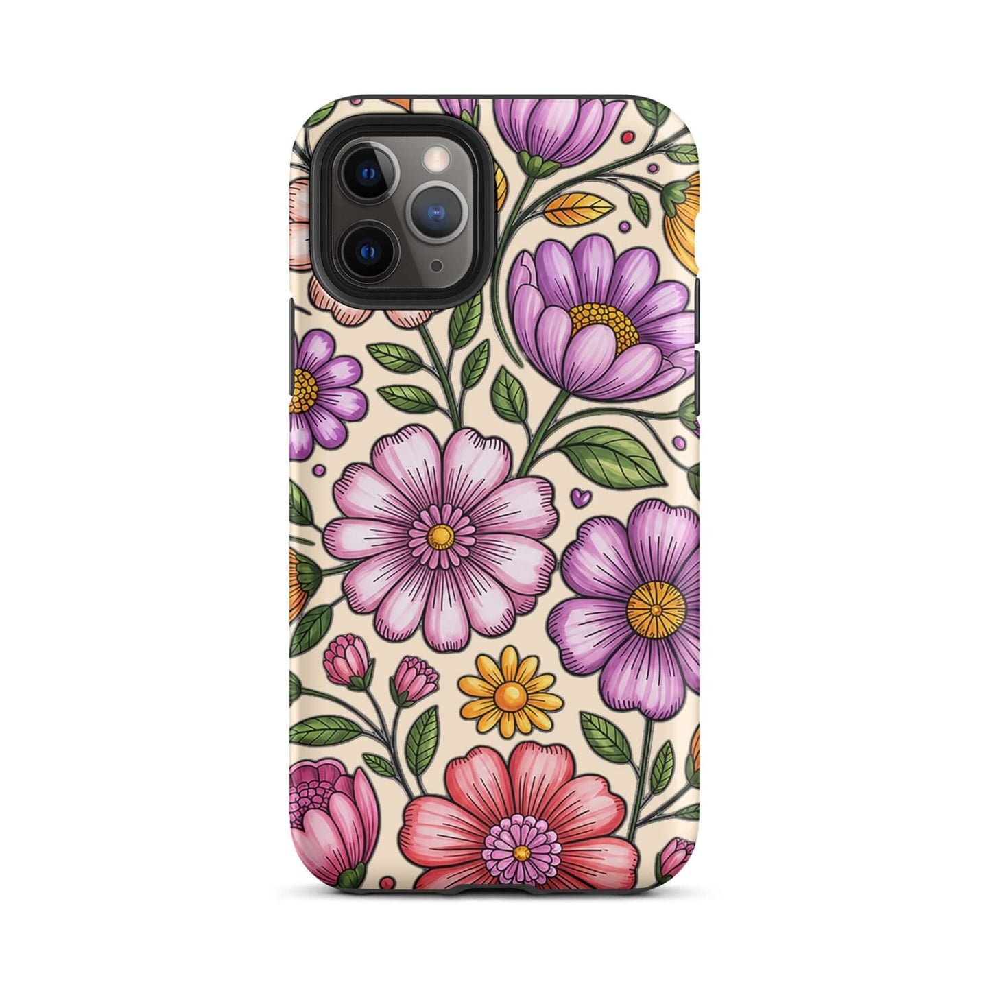 Phone Case for iPhone with pastel floral design, featuring soft pinks, peaches, lavenders, and yellows, on durable dual-layer construction.