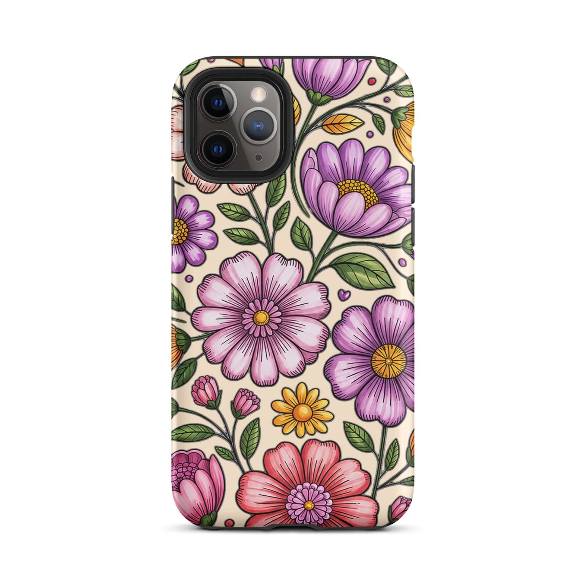 Phone Case for iPhone with pastel floral design, featuring soft pinks, peaches, lavenders, and yellows, on durable dual-layer construction.