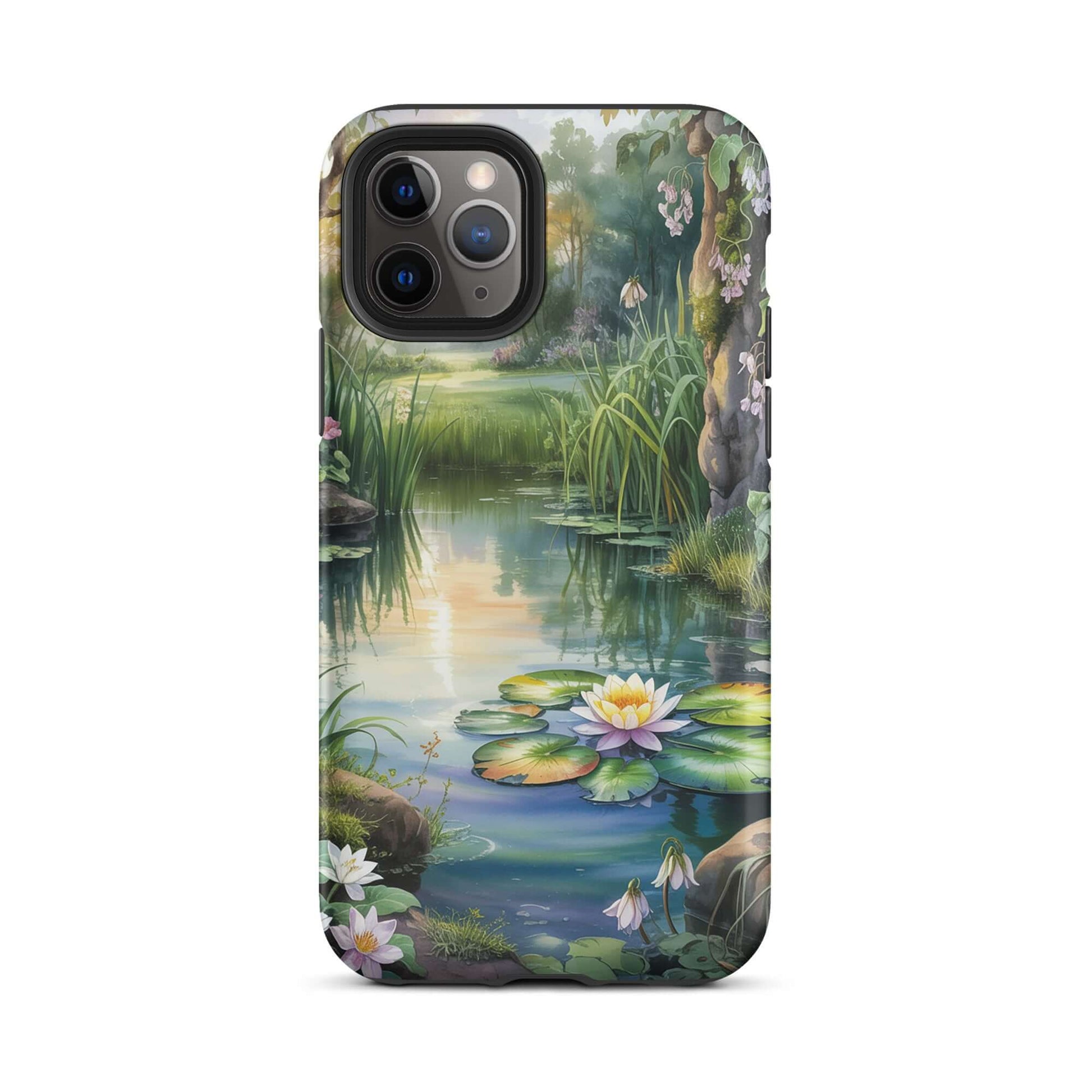 Phone Case for iPhone with Enchanted Pond design featuring lily pads and serene greenery.