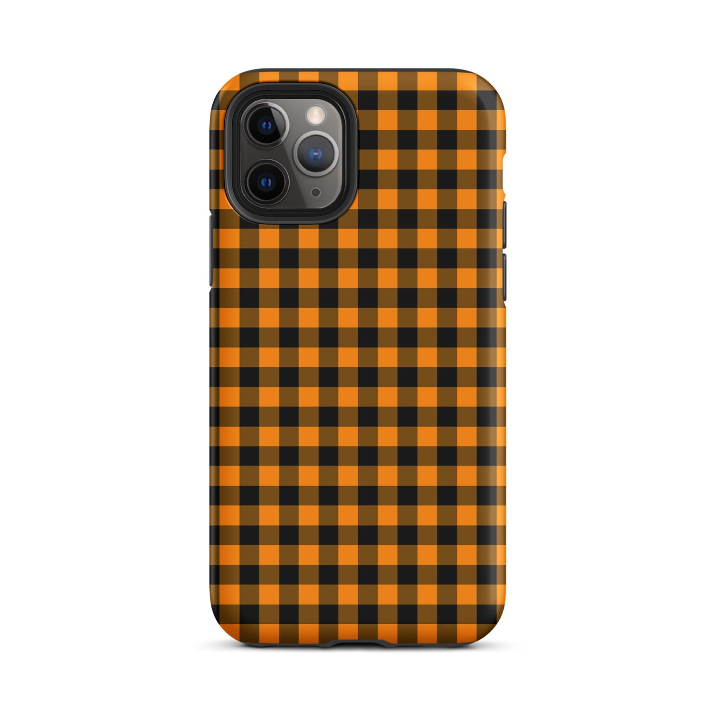 Black-and-orange gingham phone case for iPhone with autumn theme, combining style and durability.