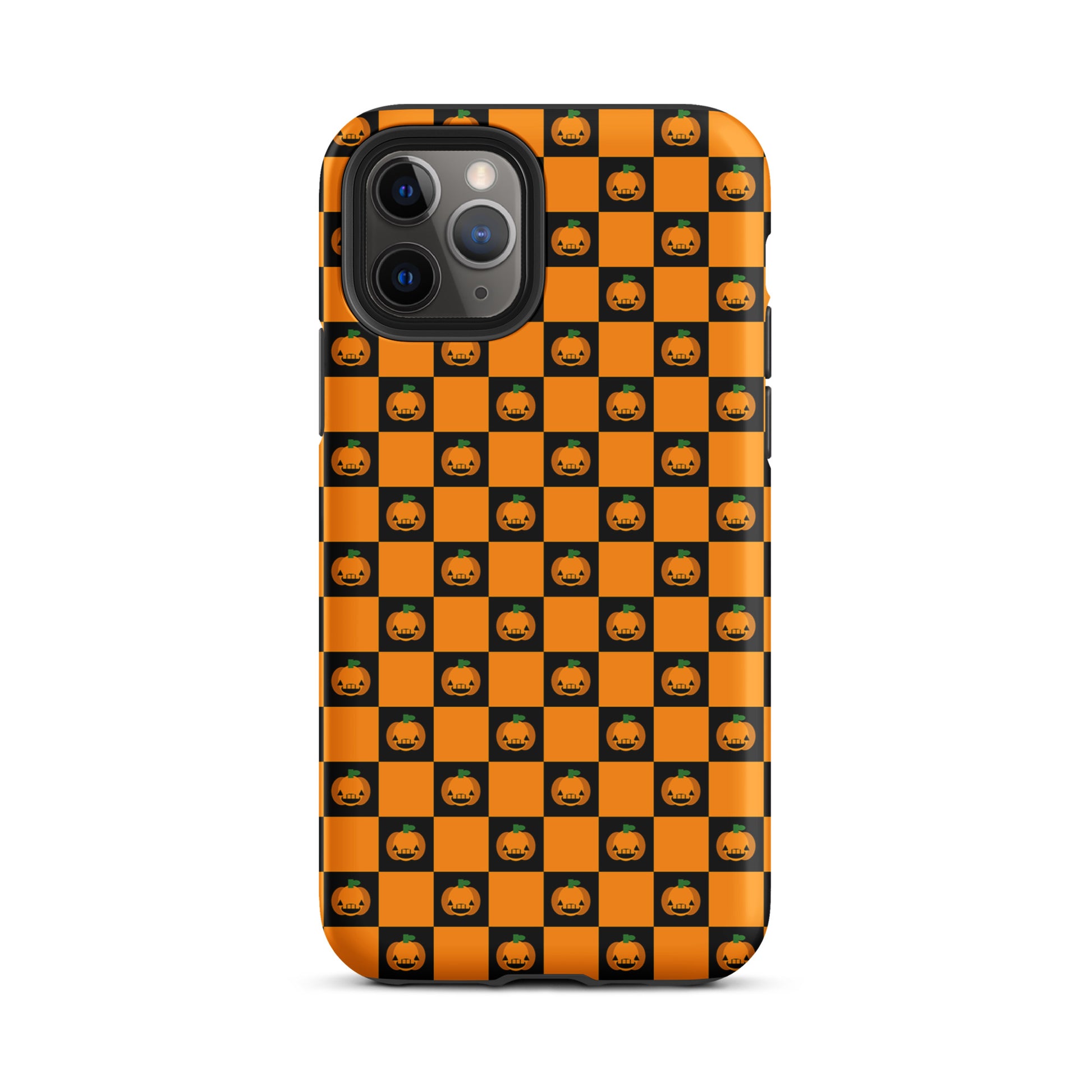Phone Case for iPhone with playful pumpkin checkered Halloween design in orange and black squares.
