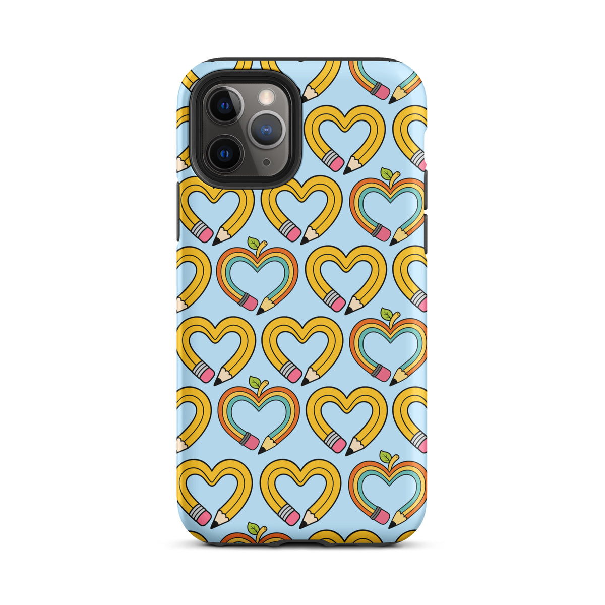 Phone Case with playful pencil-heart pattern and green leaf accents on an iPhone.