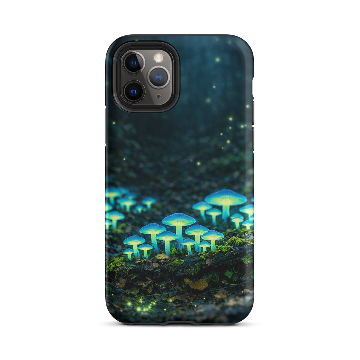 Phone Case for iPhone with glowing mushrooms in forest scene, featuring bioluminescent blue-green mushrooms on misty woodland floor.