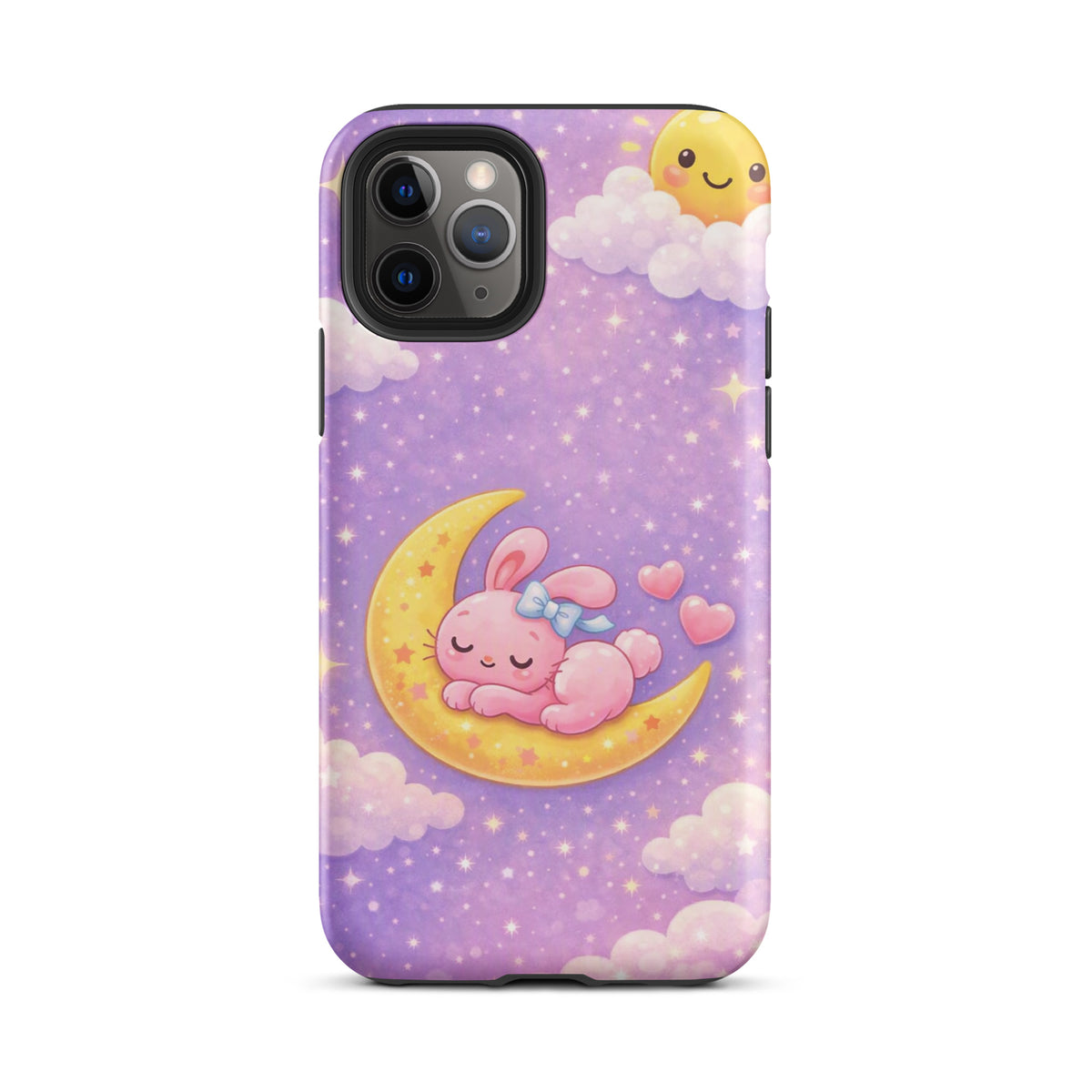 Phone Case with dreamy bunny moon design featuring a pink bunny on crescent moon in starry sky, ideal for iPhone users seeking charm.
