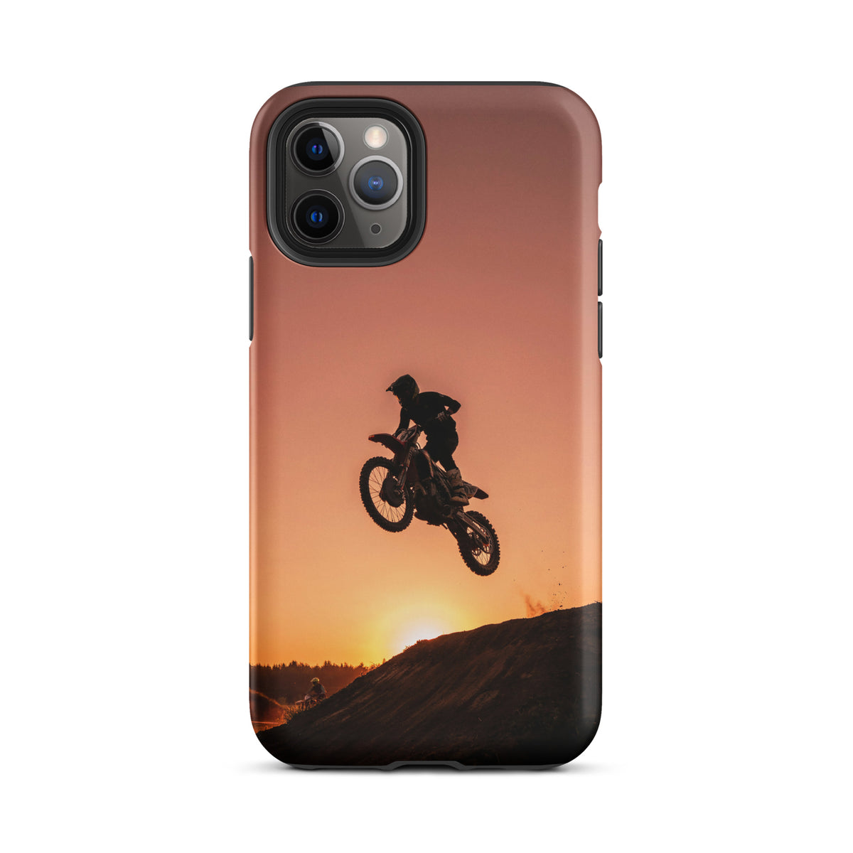 Phone Case with motocross sunset dirt bike design, showcasing a biker silhouetted against a sunset with shades of orange and black.