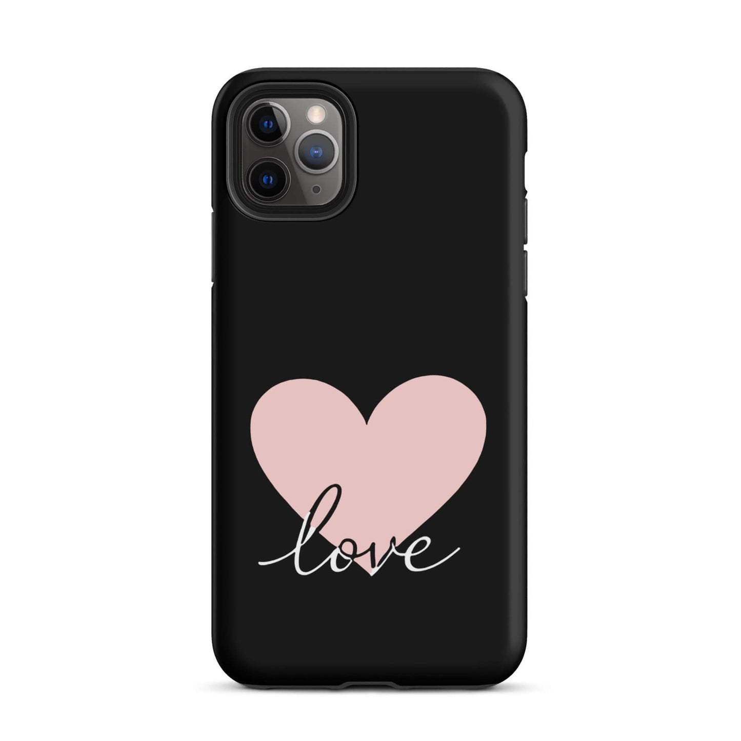 Phone Case for iPhone featuring pink heart and flowing script 'love' design on a black background.