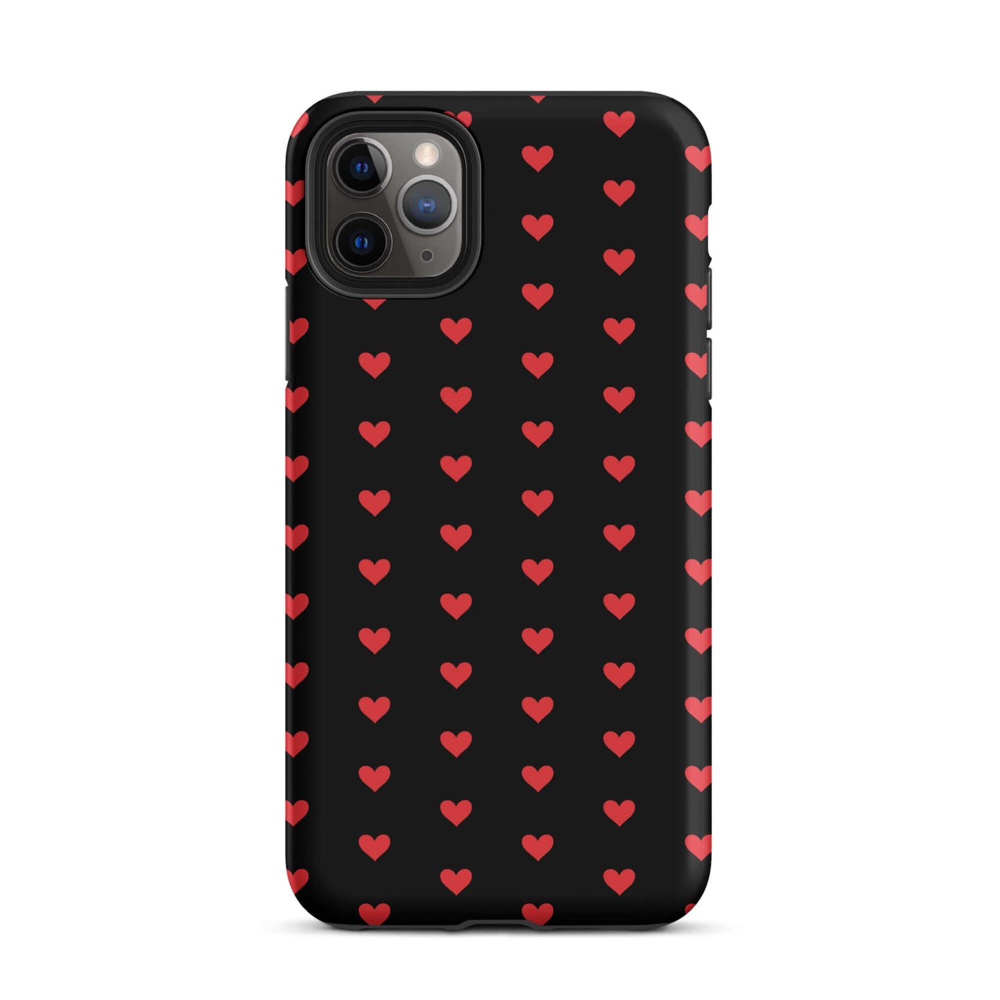 Phone Case for iPhone with a pattern of fiery red hearts on a black background, stylish and protective.