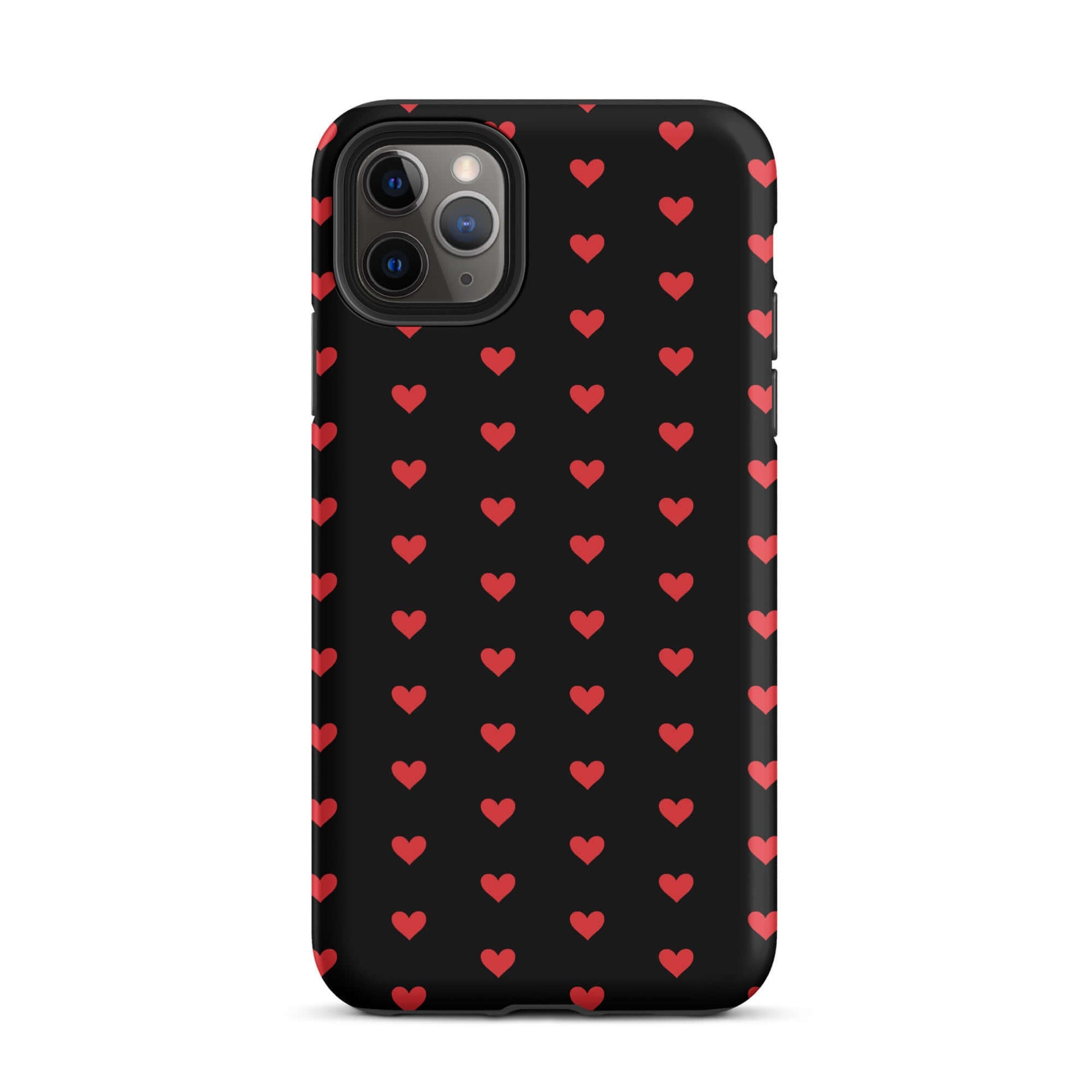 Phone Case for iPhone with a pattern of fiery red hearts on a black background, stylish and protective.