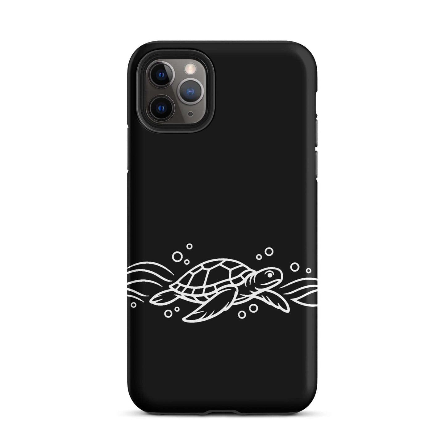 Phone Case featuring a minimalist sea turtle and abstract waves design on a black background.
