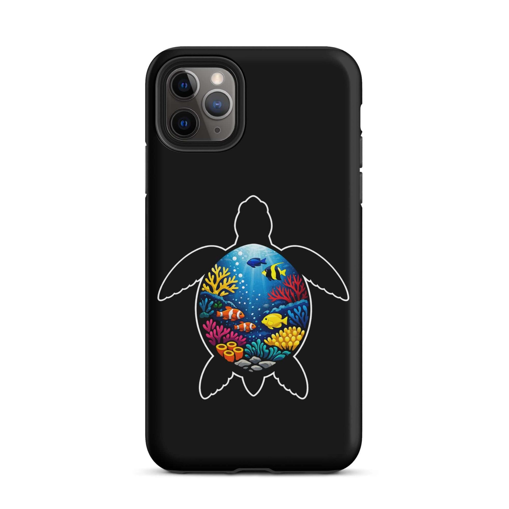 Phone Case for iPhone featuring vibrant sea turtle reef design on a black background.