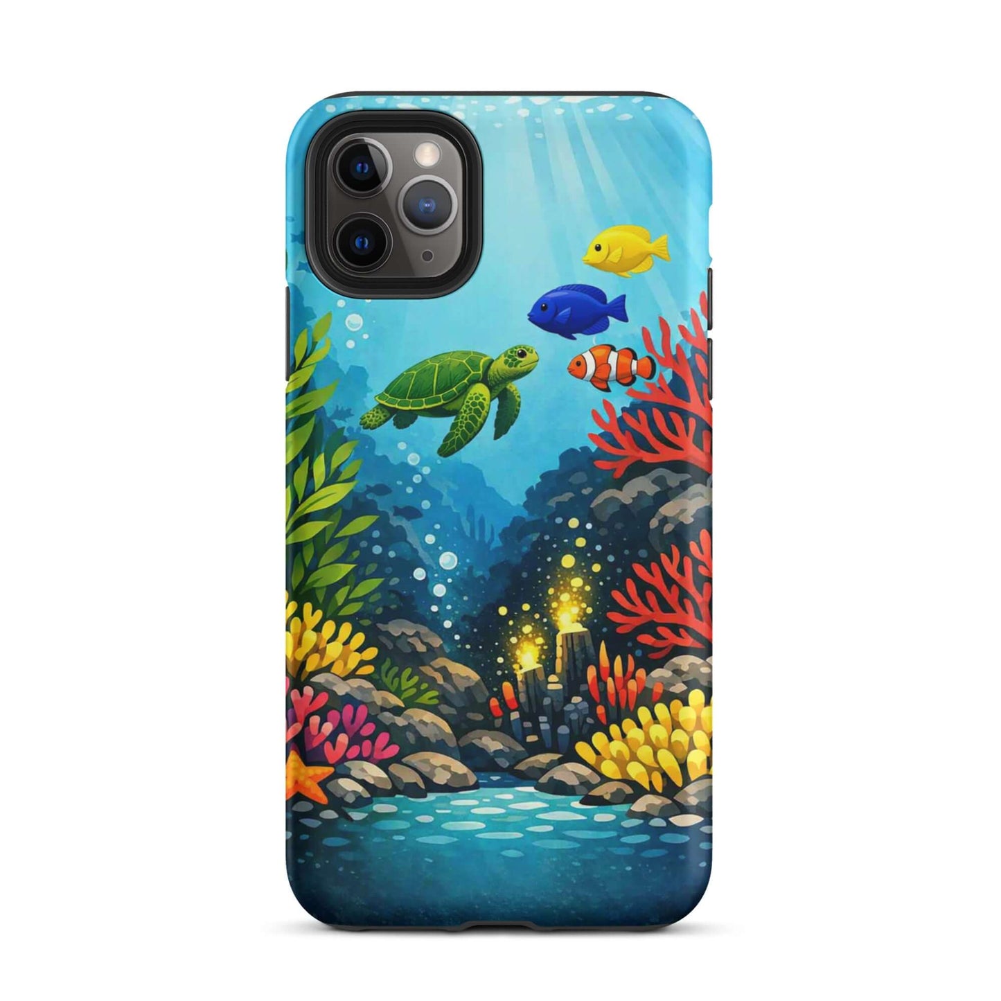 Phone case featuring vibrant sea turtle and coral reef design with colorful tropical fish.