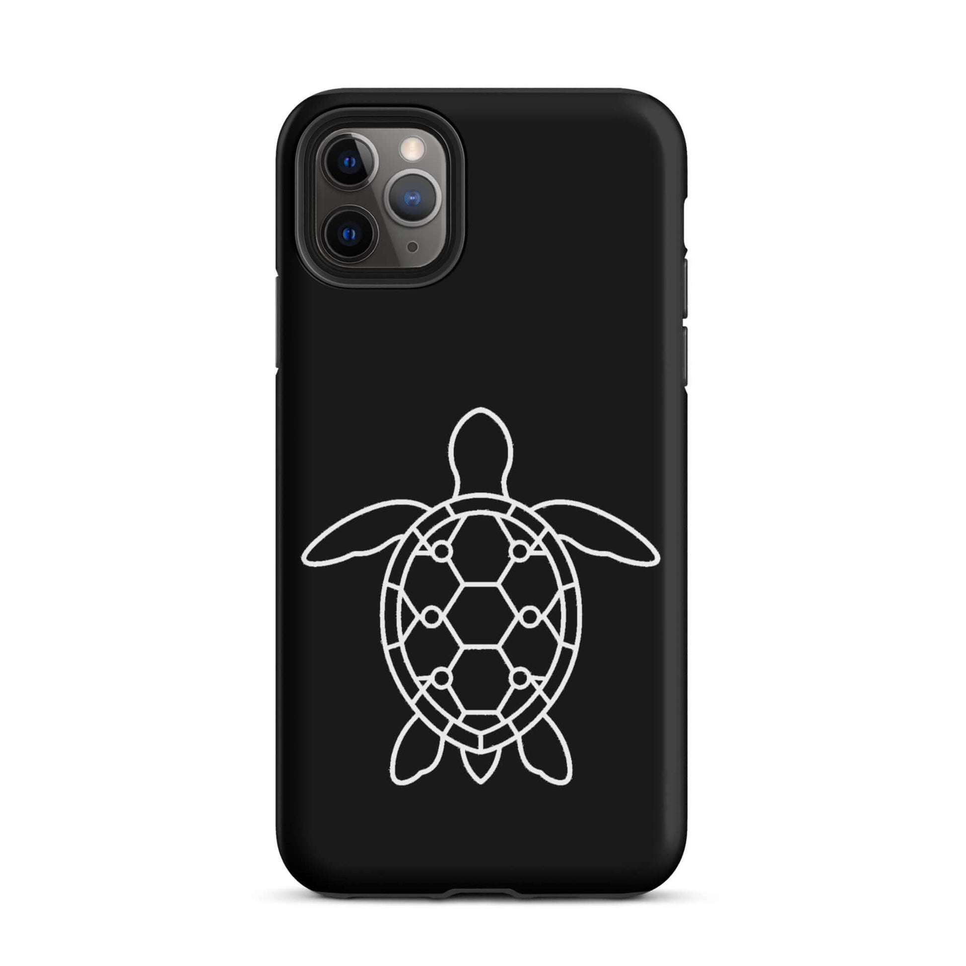 Phone case featuring a minimalist sea turtle silhouette with geometric patterns on a sleek black background.