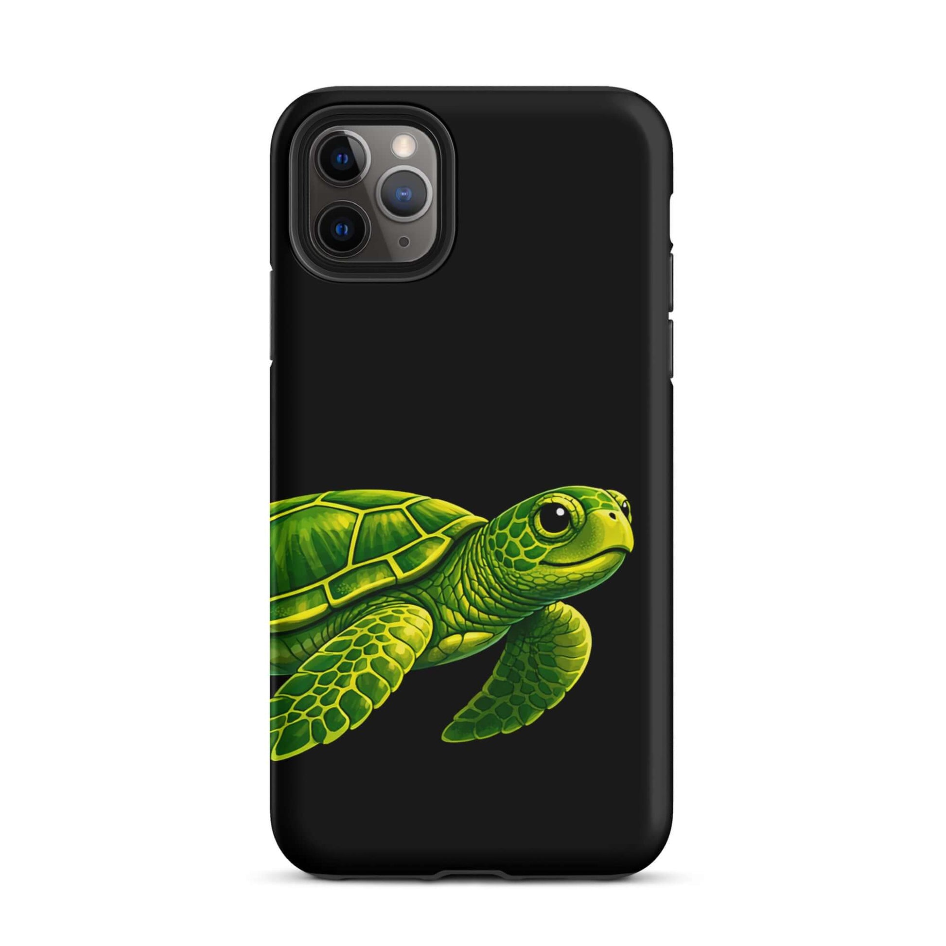 Phone Case for iPhone with vibrant sea turtle design on a black background, blending style and protection.