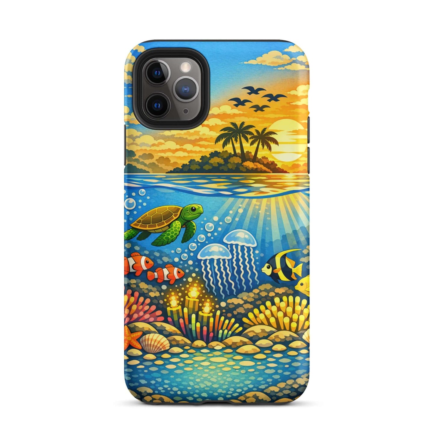 Phone Case showcasing a tropical sunset and vibrant underwater reef with sea turtles and clownfish.