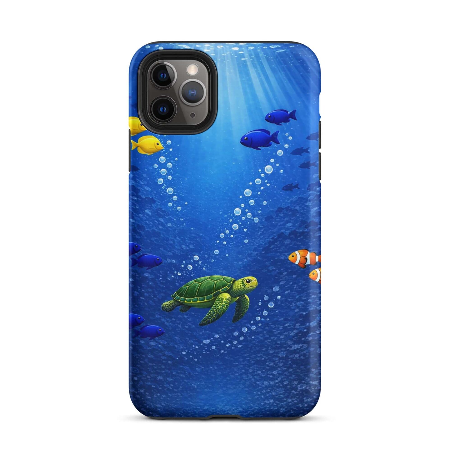 Phone Case for iPhone featuring a sea turtle design swimming among colorful fish in deep blue water.