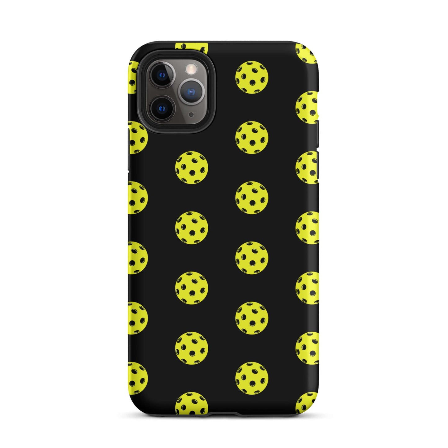 Phone Case featuring a bold pickleball pattern on a black background, perfect for sporty style enthusiasts.