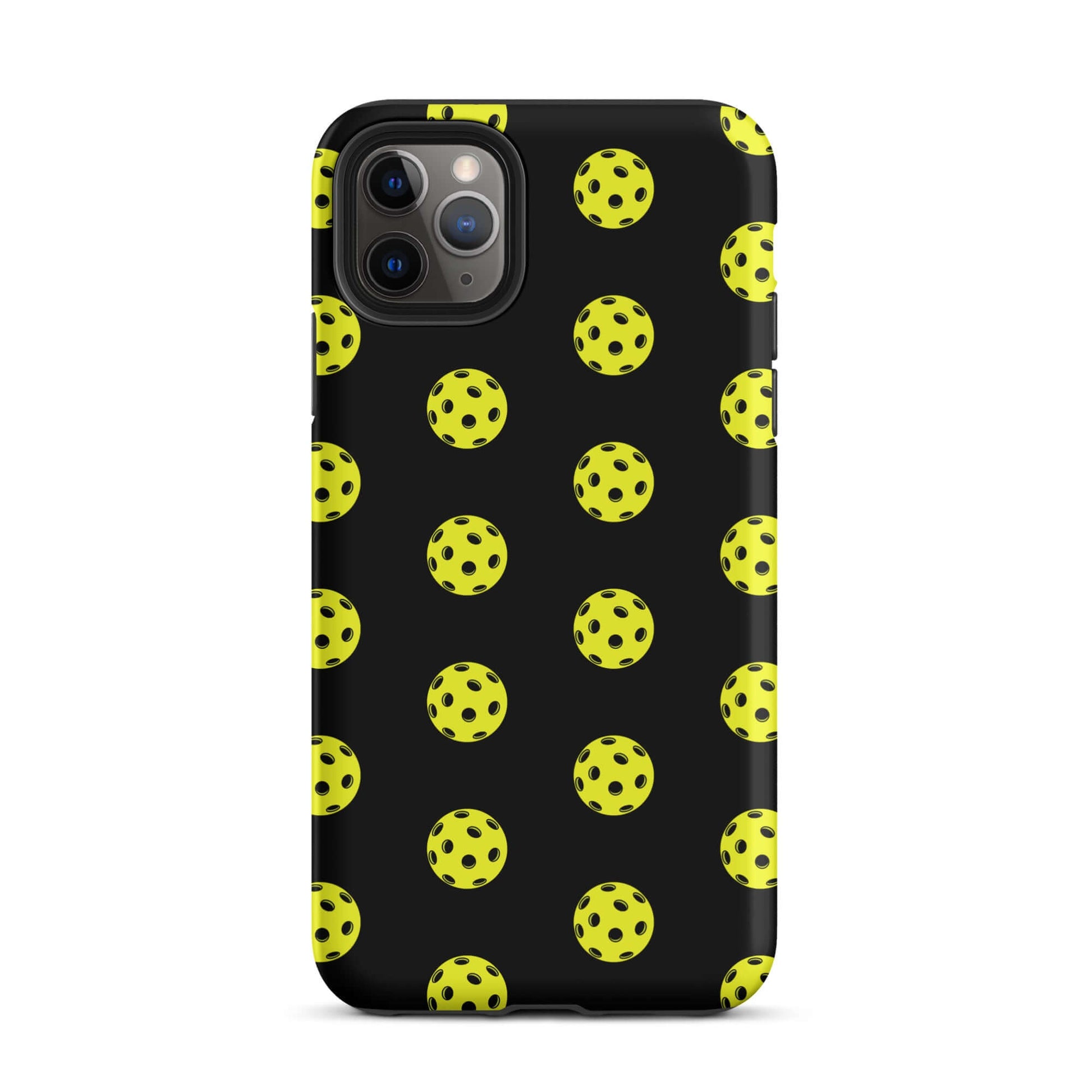 Phone Case featuring a bold pickleball pattern on a black background, perfect for sporty style enthusiasts.
