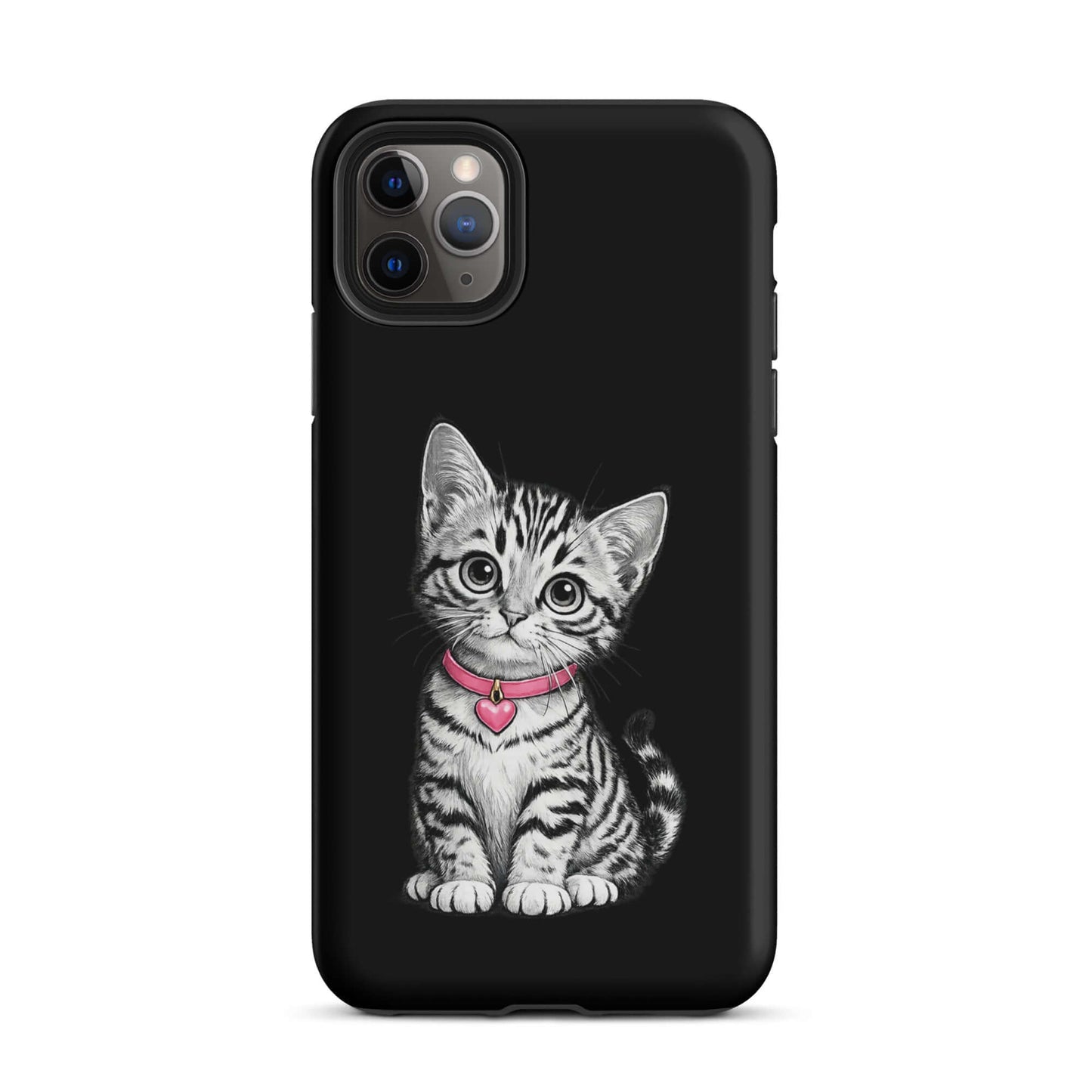 Phone Case for iPhone with pencil sketch kitten and pink heart charm, offering stylish protection and artistic charm.