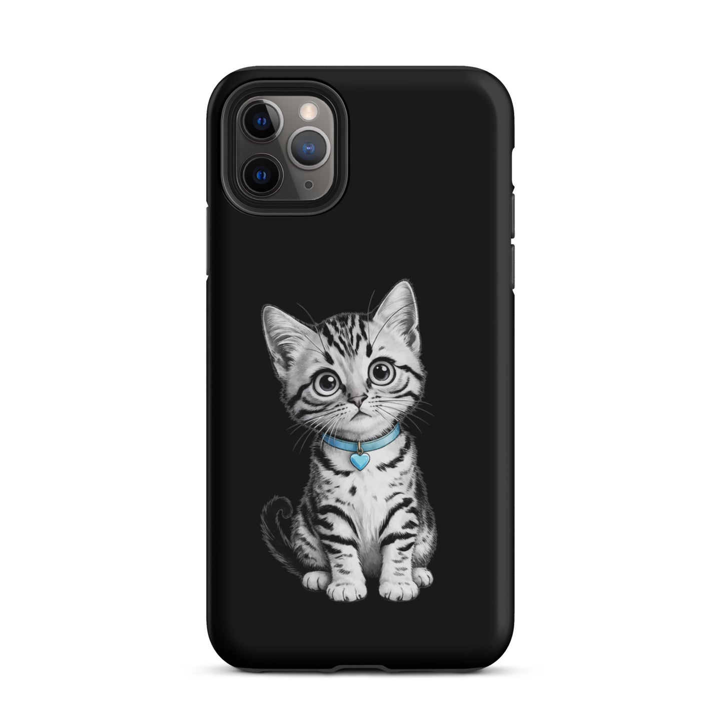 Phone Case for iPhone with kitten sketch and blue heart charm, offering artistic design and protection.