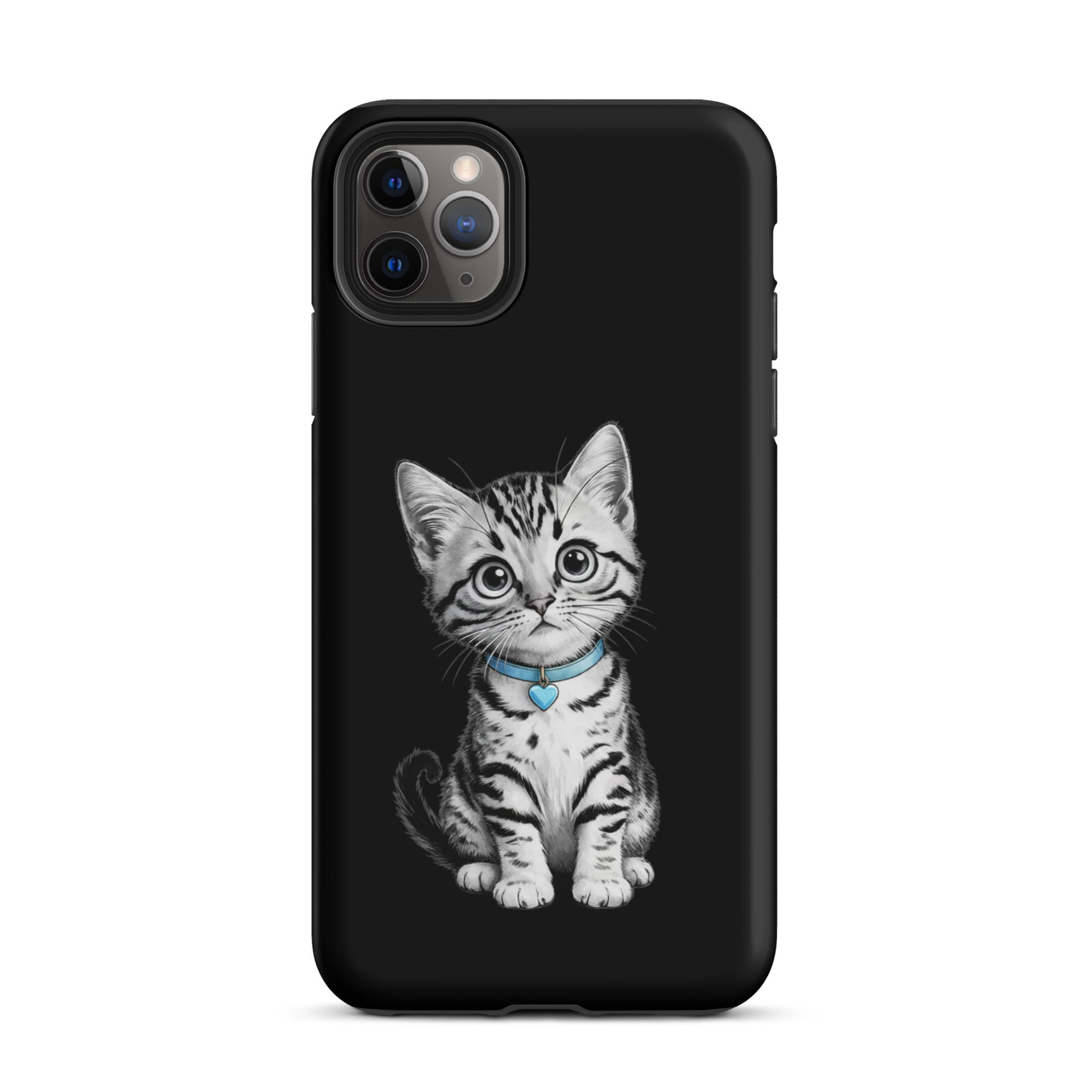 Phone Case for iPhone with kitten sketch and blue heart charm, offering artistic design and protection.