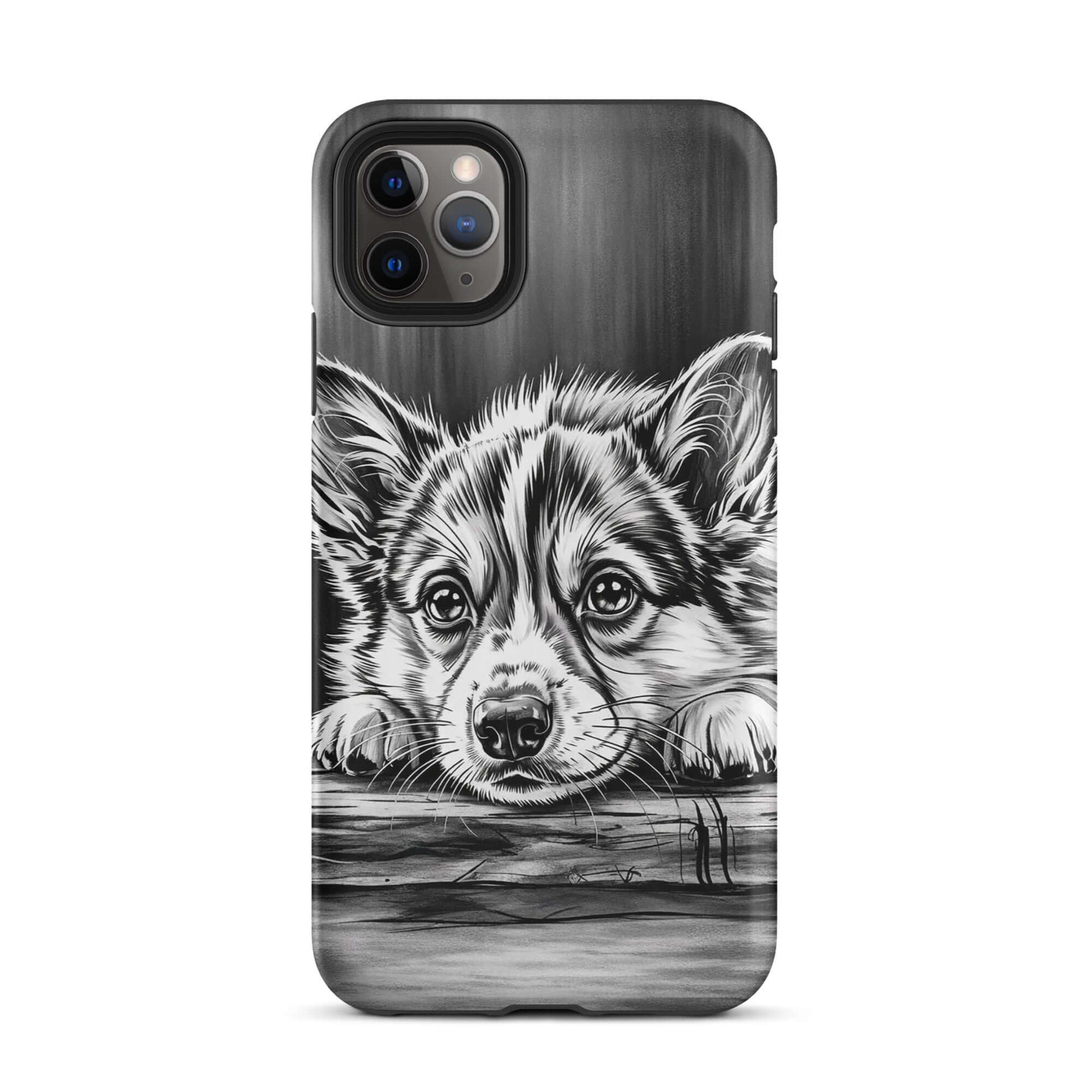 Phone Case featuring black-and-white puppy art on aged wood background, offering elegance and protection for iPhone users.