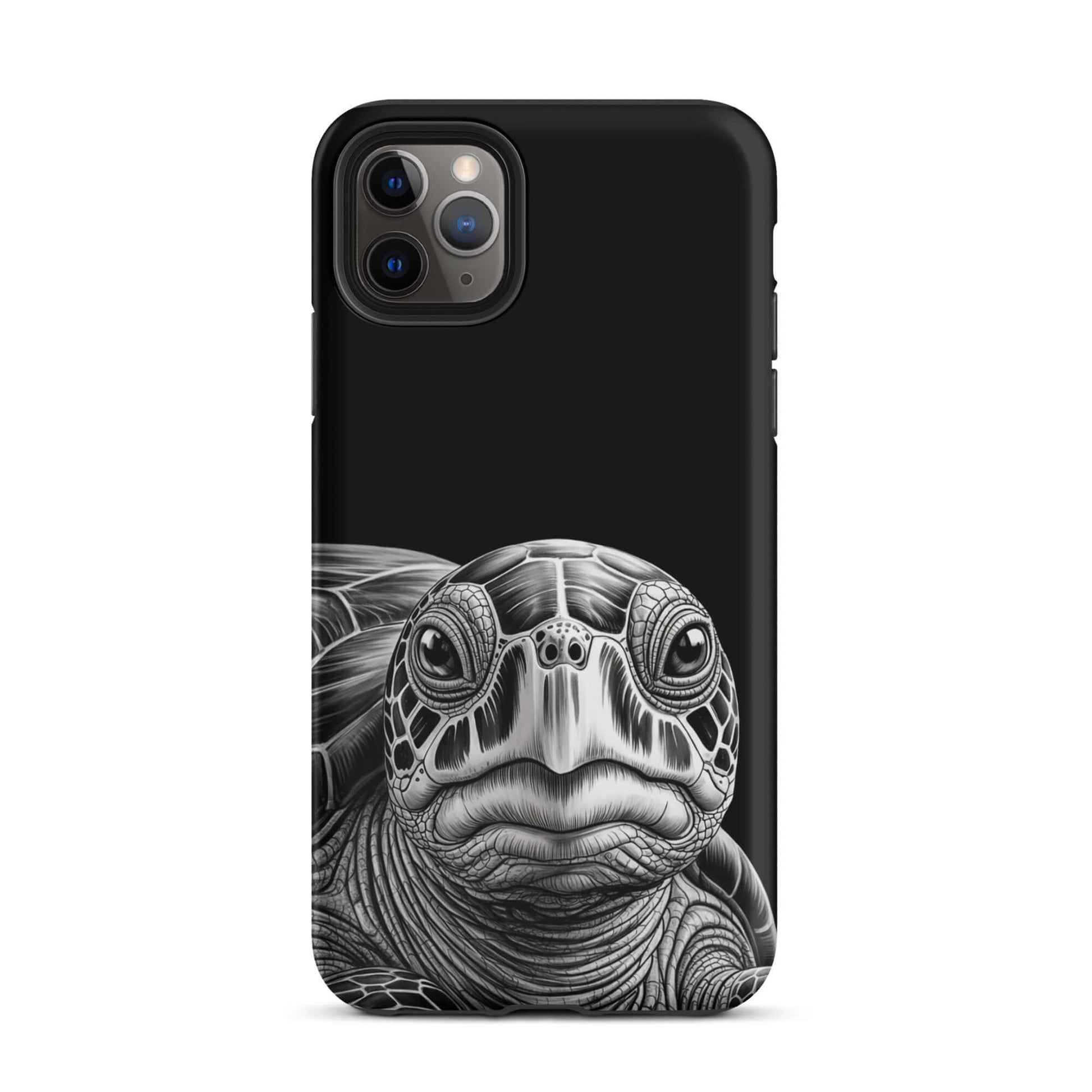 Phone Case with black-and-white sea turtle art for iPhone, featuring intricate pencil sketch design on durable cover.