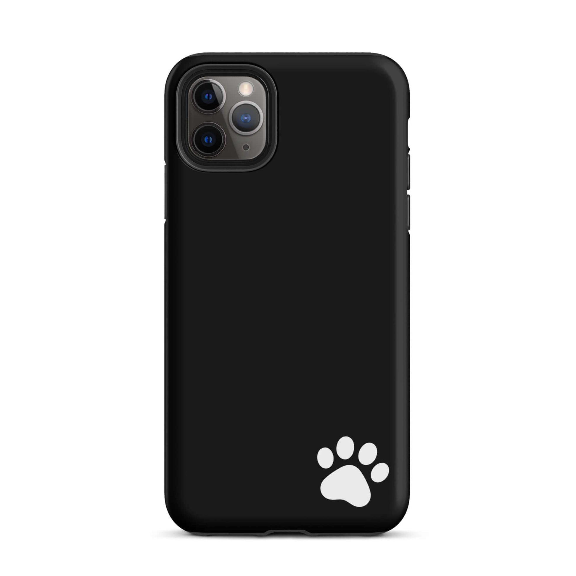 Phone Case with white paw print design for iPhone, black luxe minimalist tough case, animal lover's sleek accessory.