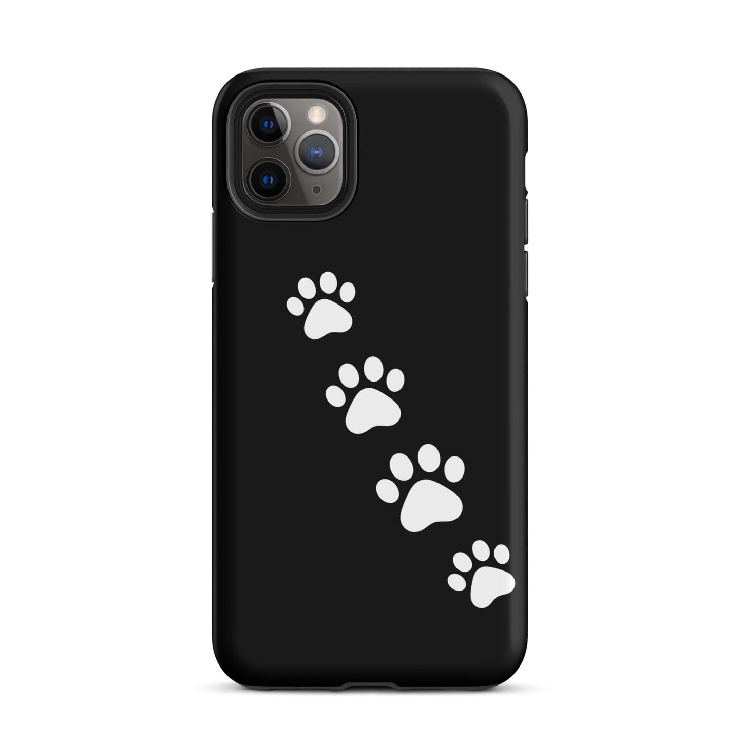 Phone case for iPhone with white paw-print trail design on black background for pet lovers.