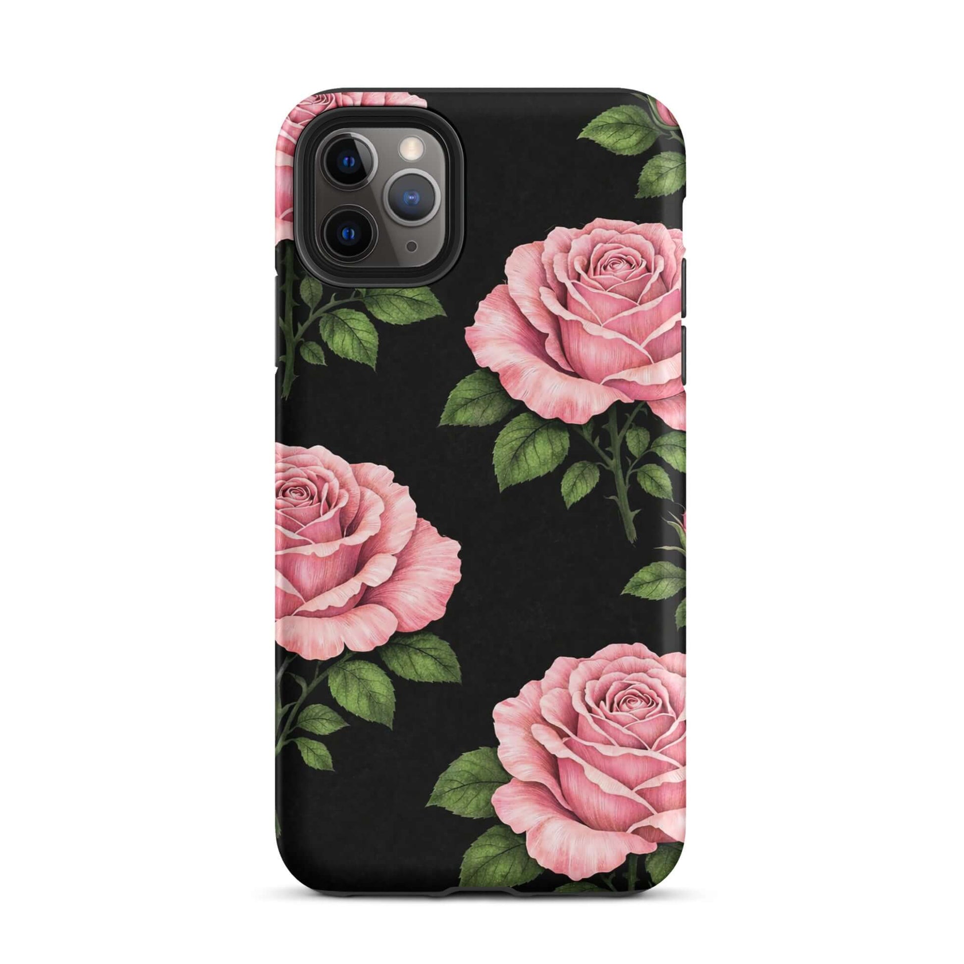 Phone Case for iPhone with pink roses and green leaves on black background, tough protective cover, floral design.