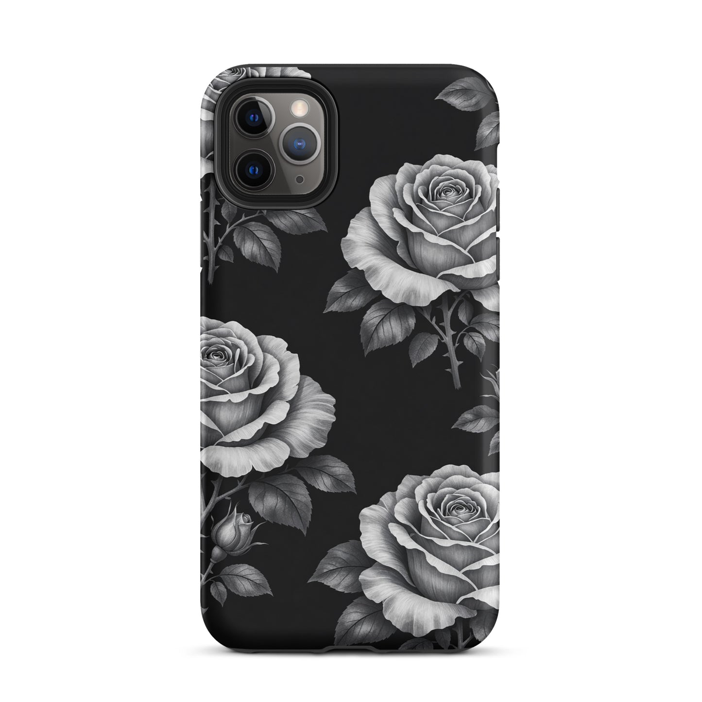 Phone Case for iPhone with rose garden design, featuring hand-sketched roses and leaves, contrasting against a black background.