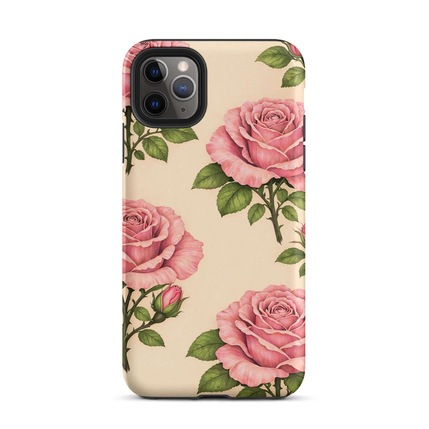 Phone Case for iPhone with pink rose garden design on warm cream background, featuring lush floral pattern for protection and elegance.