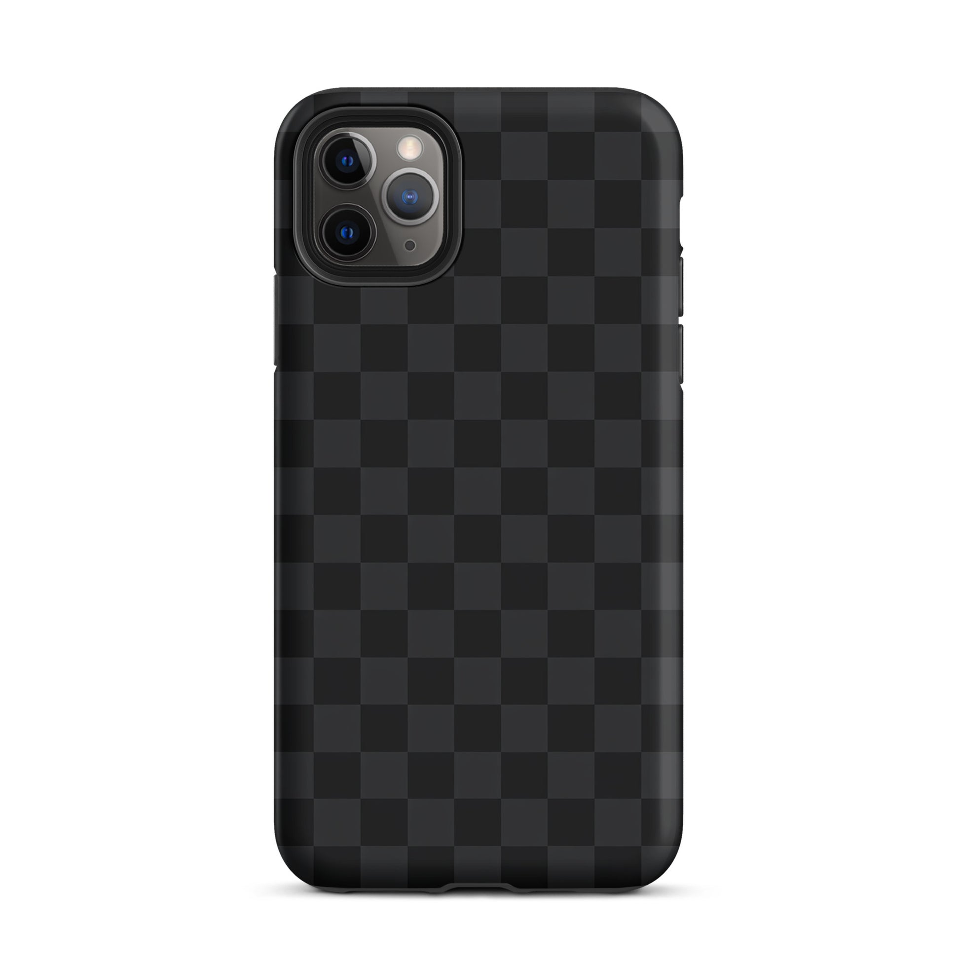 Phone Case for iPhone in black and charcoal checkered design, sleek and modern for minimalists.